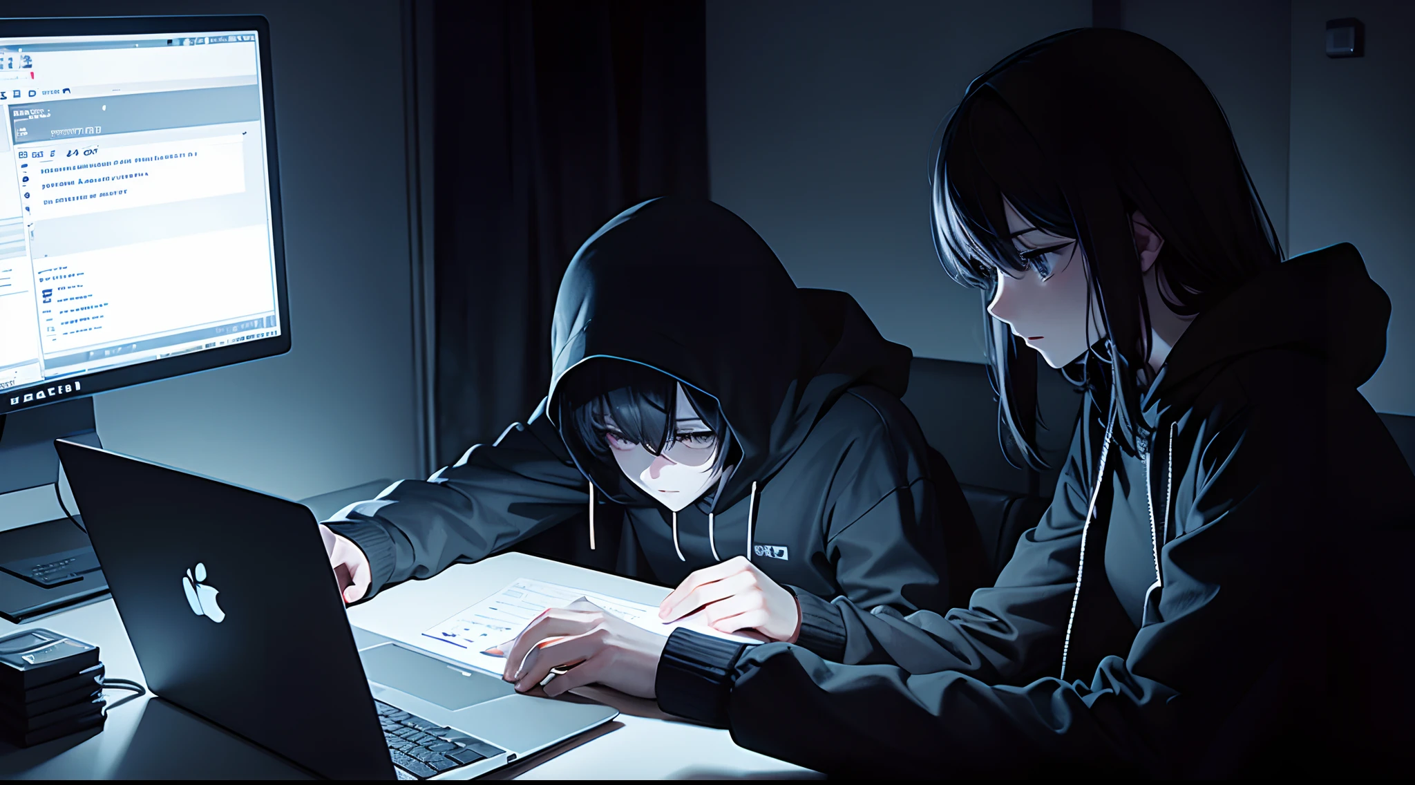 couple hacker,dark, coding, laptop,dark room