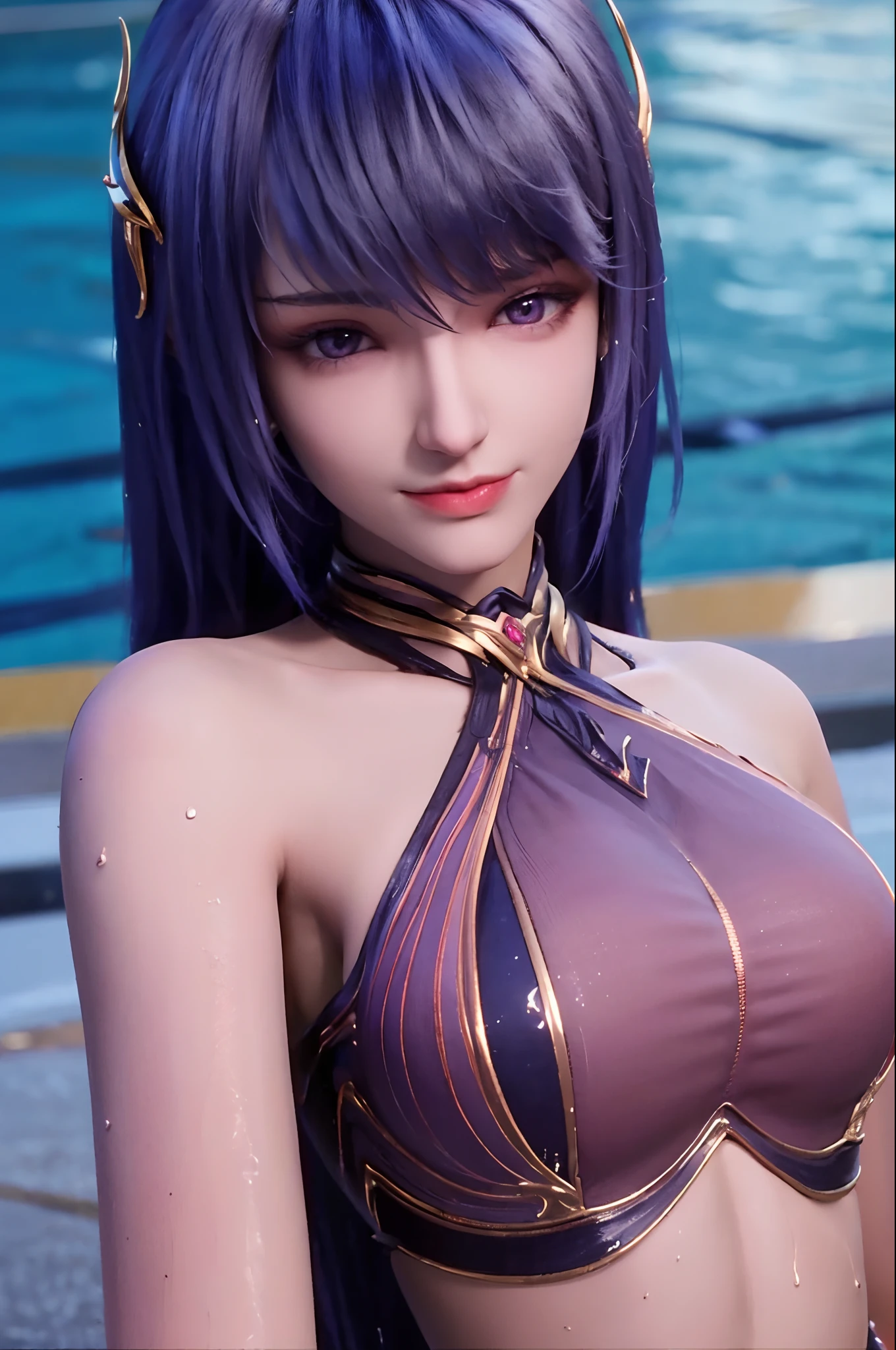 ((Best quality, 8k, Masterpiece :1.3)), pretty woman, 1girl, huge breasts :1.3, slender figure :1.1, firm abs, happy smile, dark brown hair, (pool, wet body, erotic clothes :1.1), ultra-detailed face, detailed lips, detailed eyes, double eyelid