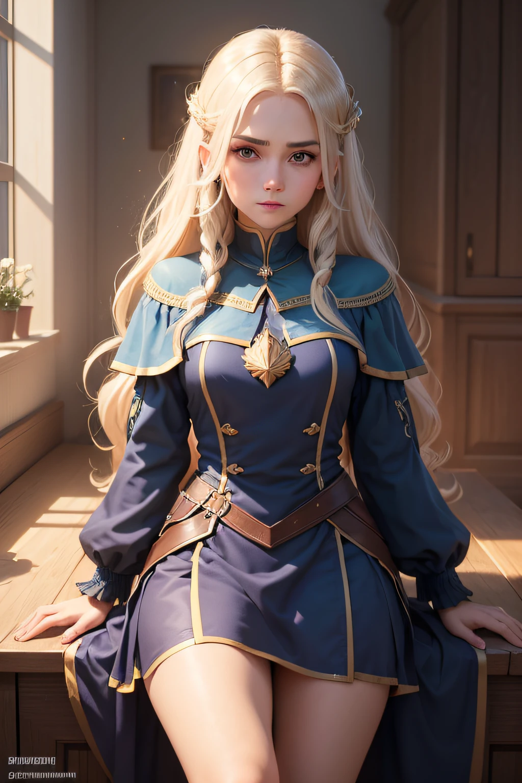 (the Extremely Detailed CG Unity 8K Wallpapers), most beautiful artwork in the world, 1girl in, full body Esbian ,Petite girl with blonde twin tails,((The Great Hall of the Middle Ages)),Daytime,A slight smil,Look at viewers,((Luxurious marble saloon)),Ganbaru Female Samurai,Carry wine,Carry food,((Blue Made Dresses)),((stain glass)),chandeliers