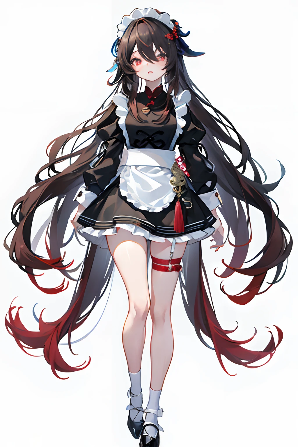 Illustration, UHD, retina, masterpiece, accurate, anatomically correct, super detail, high details, high quality, award winning, best quality, highres, good anatomy, 1080P, HD, 4K, 8k, 16k, 1girl, dynamic pose, androgynous, full body, detailed eyes, detailed clothes, detailed hair, rendering, strands of hair, cute waifu, hu tao, full body, panels, wearing a maid outfit, bare legs, mini skirt