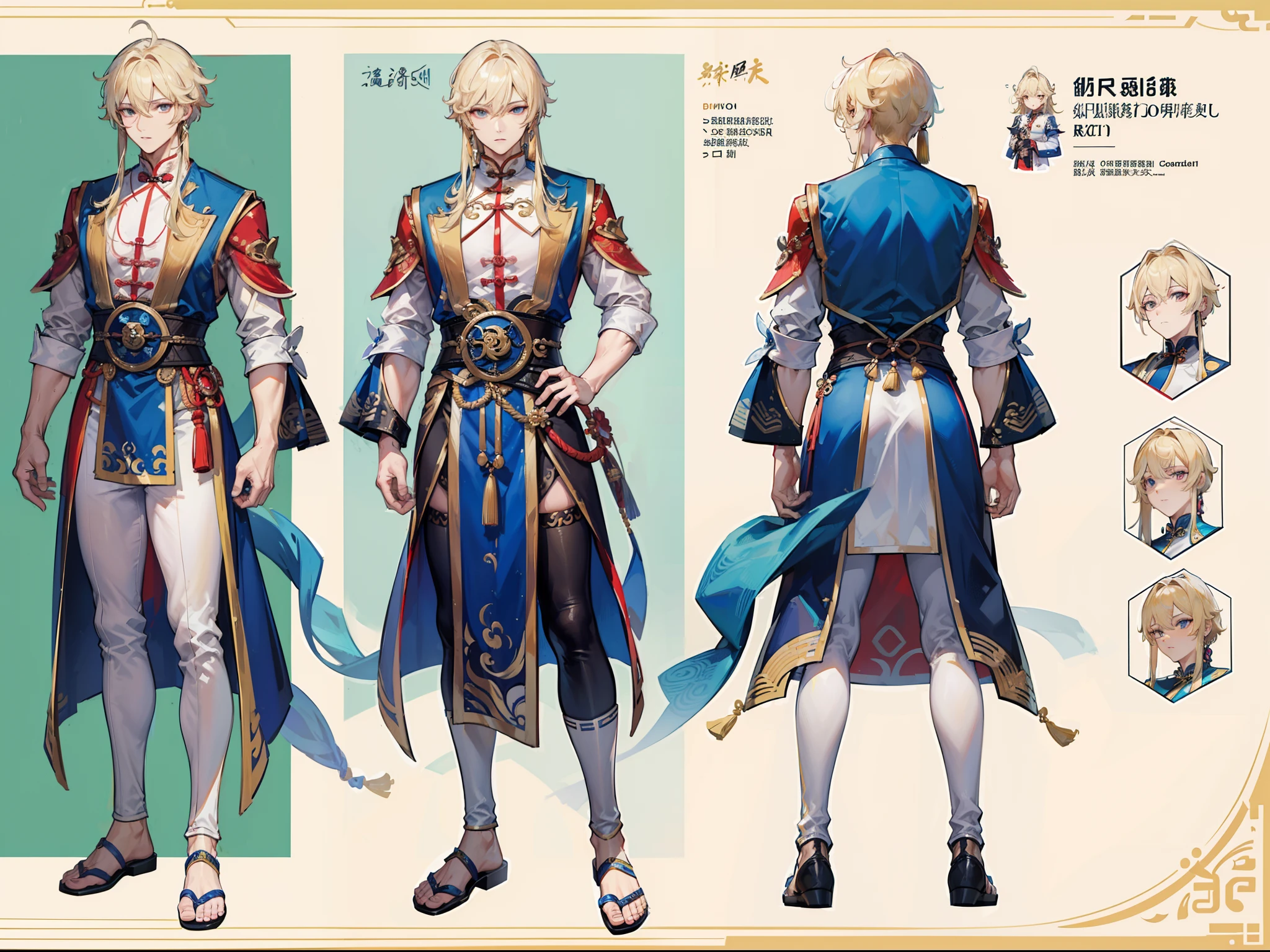 ((Masterpiece, Highest quality)), Detailed face, character design sheet, full bodyesbian, Full of details, frontal body view, back body view, Highly detailed, Depth, Many parts, Muscle boy with blonde long hair,handsome man, Traditional chinese clothes, Genshin Impact, man tall