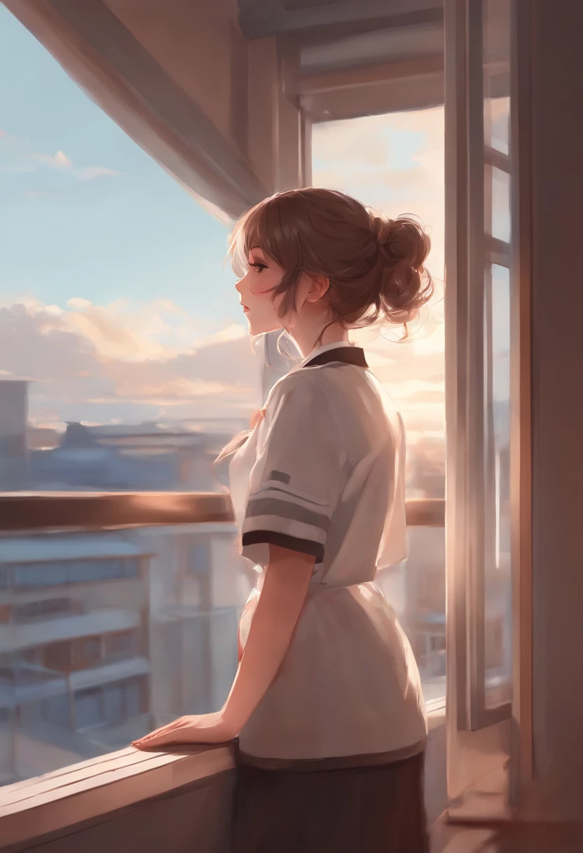 Nurse in anime looking out the window of a hospital, Smiling nurse,Beautiful Anime Portrait, lofi portrait at a window, Beautiful anime girl, lofi portrait, lofi-girl, Portrait Anime Girl, artwork in the style of guweiz, high quality portrait, with sunset, charming anime girls, Cute anime girl, realistic cute girl painting, Anime style