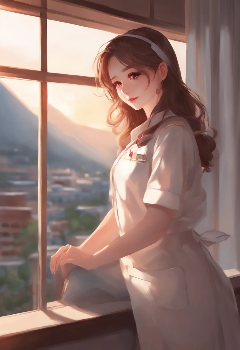 Nurse in anime looking out the window of a hospital, Smiling nurse,Beautiful Anime Portrait, lofi portrait at a window, Beautiful anime girl, lofi portrait, lofi-girl, Portrait Anime Girl, artwork in the style of guweiz, high quality portrait, with sunset, charming anime girls, Cute anime girl, realistic cute girl painting, Anime style