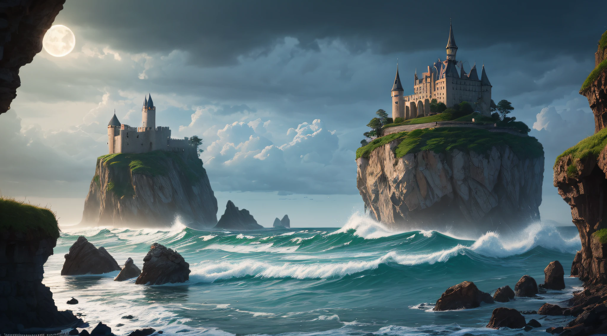 best quality,4k,8k,highres,masterpiece:1.2,ultra-detailed,realistic:1.37,castle in the sea,ethereal,medieval architecture,dramatic lighting,vibrant colors,enchanting atmosphere,misty waves,stormy sky,majestic towers,crashing waves,reflection on water,serene coastline,giant fortress,magical ambiance,secret passages,moonlit night,distant sails,ancient stronghold,hidden treasures,imposing structure,towering walls,gentle breeze,ancient ruins,secluded location,mythical creatures,grand entrance,historical setting,enchanted charm,seaweed-covered rocks,marvelous view of the sea,hidden caves,mystical aura,romantic setting,whispering winds,remote island,elegant design,defensive stronghold