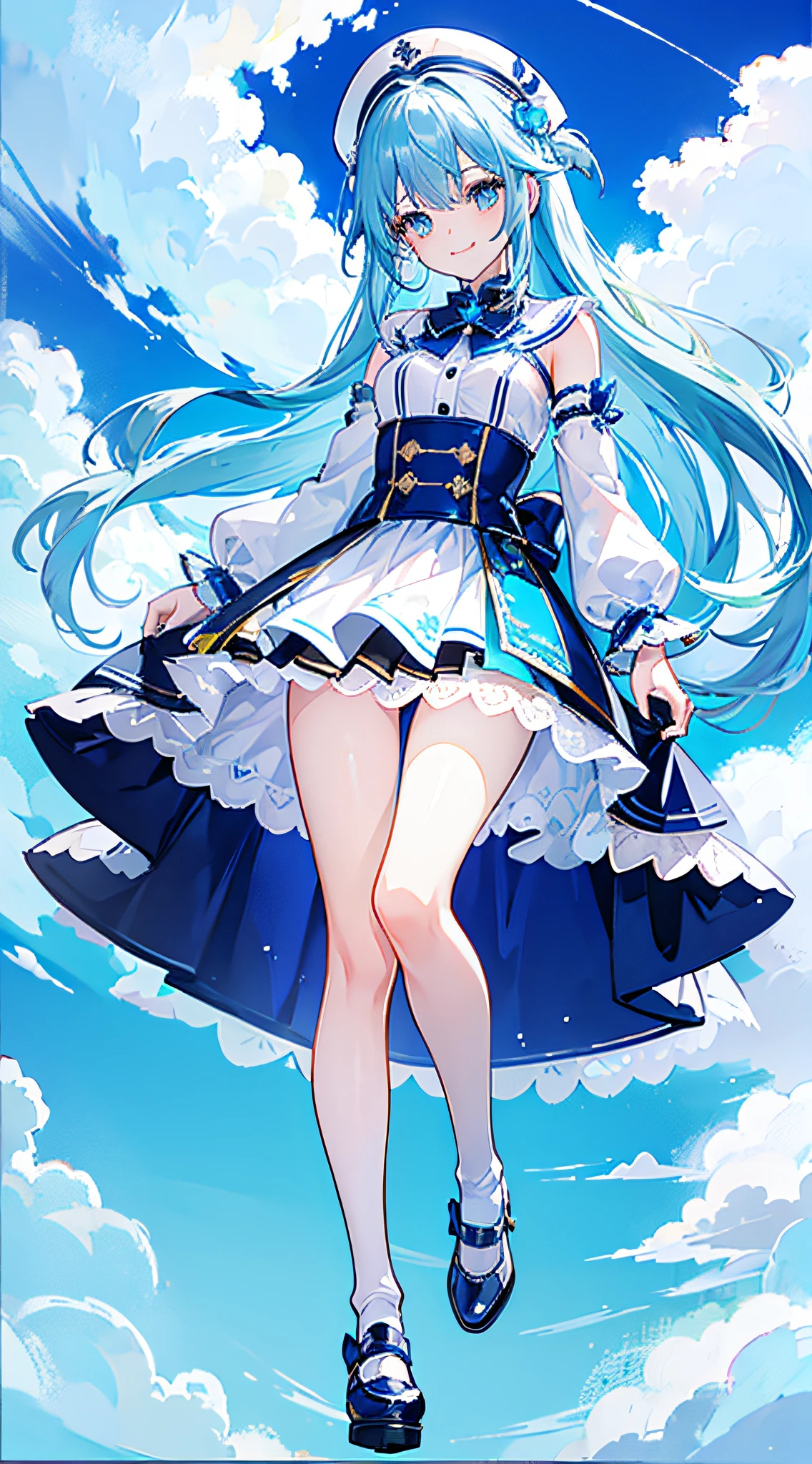 Cold girl White pupils Aqua blue hair Long hair Cold expression,Idol performance costumes,idol clothes,Short socks,Wear small leather shoes on your feet,full-body photo on the front,All body,Fingers and arms are not exposed,Smile Expression,Happy and happy expression,Background sky,The background of blue sky and white clouds