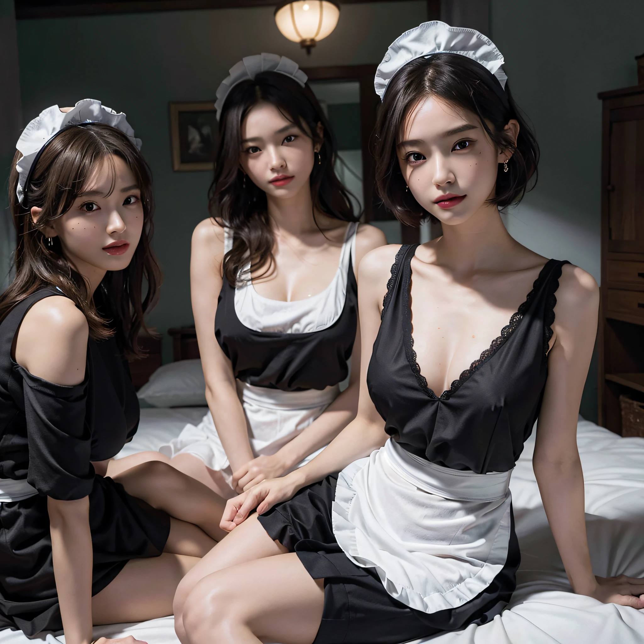 absurdres, RAW photo, extremely delicate and beautiful, masterpiece, Best Quality, ultra high resolution, 16k, hyperrealistic, ultra-detailed, Very detailed CG 8k wallpaper, Beautiful Lighting, Perfect Lightning, Realistic Shadows, perfect anatomy, super Detailed skin, perfect figure, Japanese woman, late 20s, very Slim body, narrow waist, very small head, handsome detailed woman, very detailed eyes and face, realistic face proportions, Stunning detailed eyes, Realistic beautiful face, very small face, Realistic small beautiful eyes, double eyelids, makeup, tearful mole, mole on chest, earring, bare legs, beautiful and very thin legs, beautiful and very thin thighs, (very huge round breasts:1.3), short hair, wavy hair, sweat, full body shot, (3 girls:1.3), sleeveless, bare arms, bare legs, tight-fitting, (maid costume:1.3),