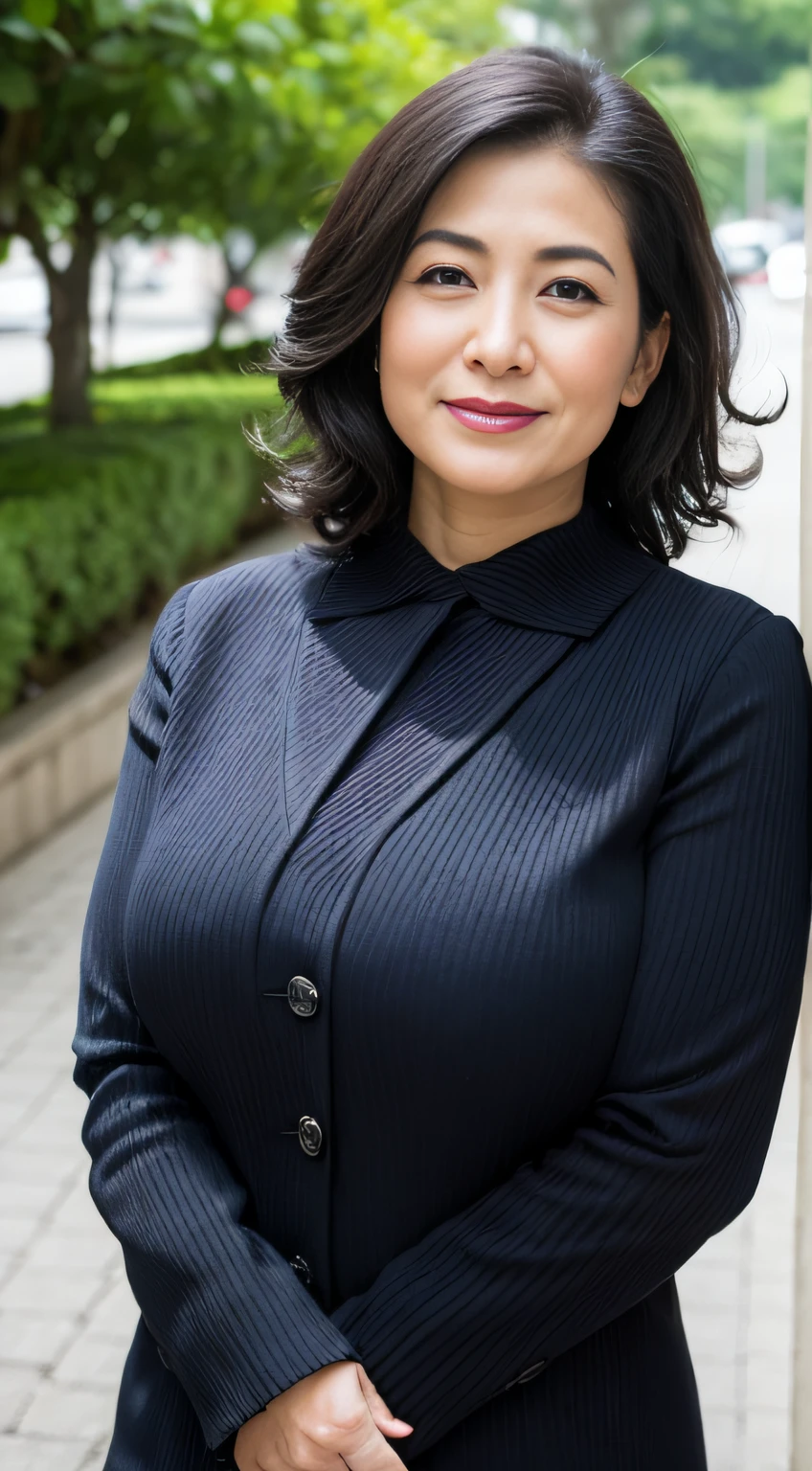 ((Best quality, 8K, Masterpiece, Portrait: 1.3)), (View viewers), Photorealism, Sharp focus, Solo, The Moro Islamic Liberation Front of Japan, Beauty,Wavy hair, Wrinkles at the corners of the eyes, to emphasize, ((Big breasts:1.3))),,30 years old, curlies, Wrinkled eyes, (black suit, standing on your feet:1.2)((looking at viewert))
