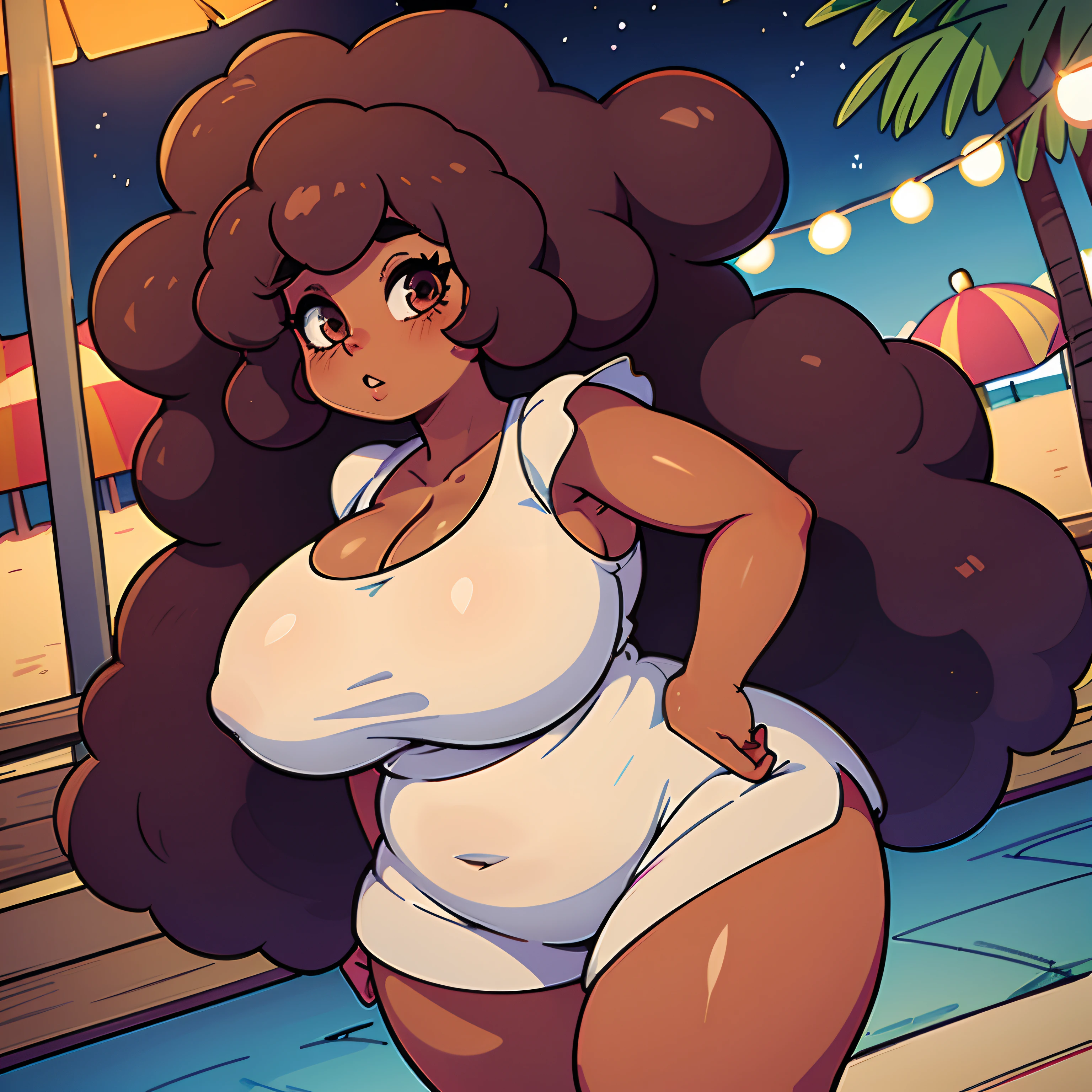 Bbw on the boardwalk at night, large thighs, very fat, big Afro, dark skin, summer clothes, smiling