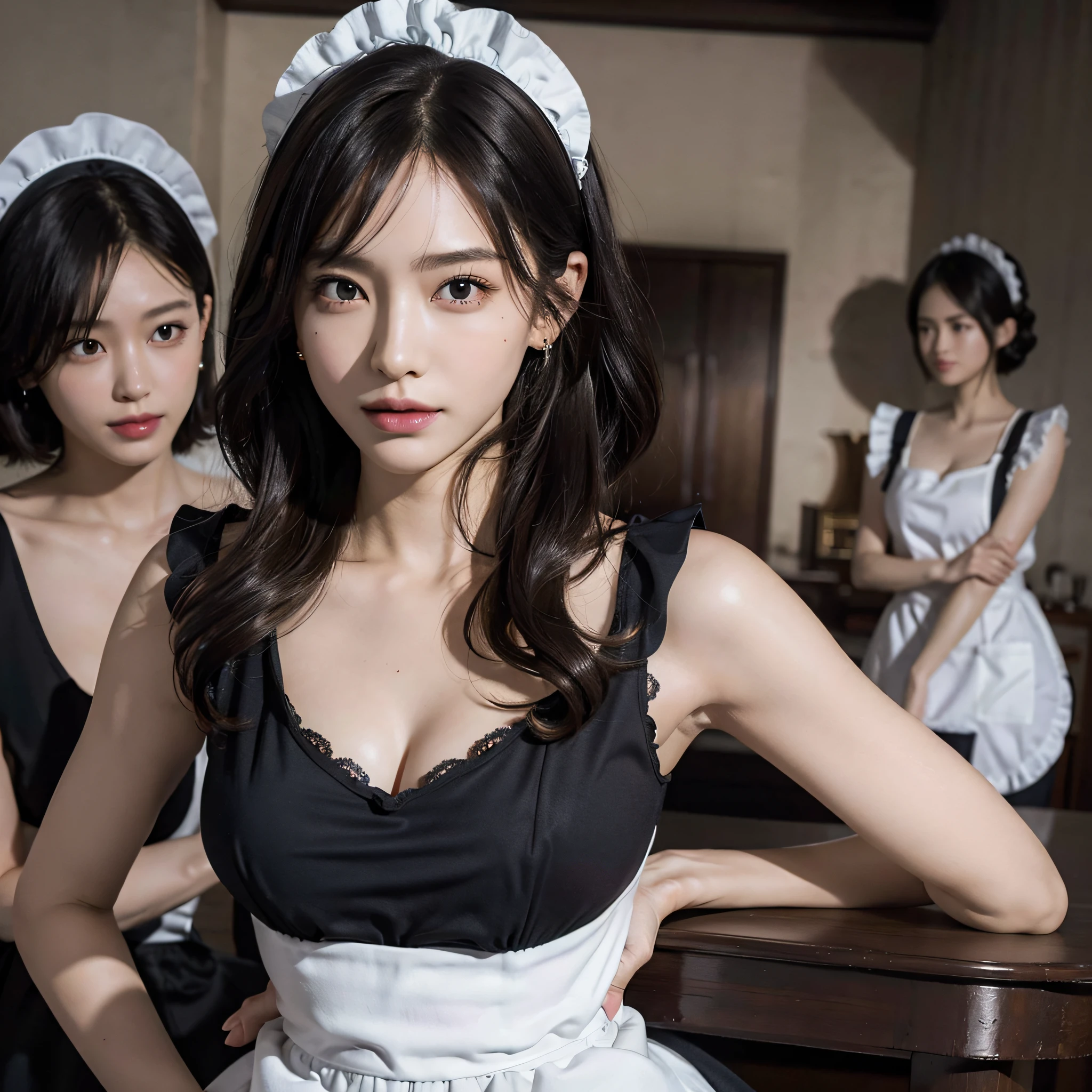 absurdres, RAW photo, extremely delicate and beautiful, masterpiece, Best Quality, ultra high resolution, 16k, hyperrealistic, ultra-detailed, Very detailed CG 8k wallpaper, Beautiful Lighting, Perfect Lightning, Realistic Shadows, perfect anatomy, super Detailed skin, perfect figure, Japanese woman, late 20s, very Slim body, narrow waist, very small head, handsome detailed woman, very detailed eyes and face, realistic face proportions, Stunning detailed eyes, Realistic beautiful face, very small face, Realistic small beautiful eyes, double eyelids, makeup, tearful mole, mole on chest, earring, bare legs, beautiful and very thin legs, beautiful and very thin thighs, (very huge round breasts:1.3), short hair, wavy hair, sweat, full body shot, (3 girls:1.3), sleeveless, bare arms, bare legs, tight-fitting, (maid costume:1.3),