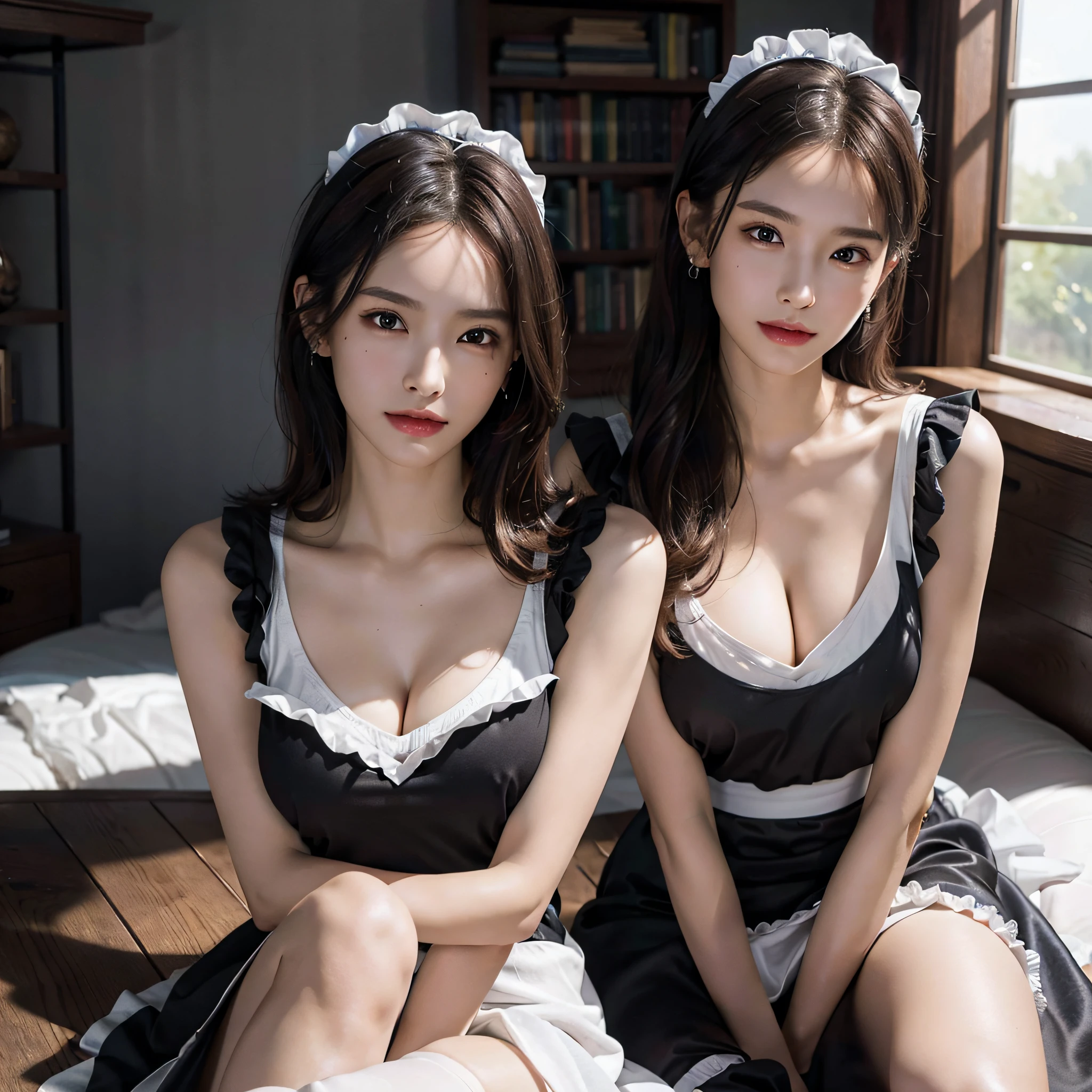 absurdres, RAW photo, extremely delicate and beautiful, masterpiece, Best Quality, ultra high resolution, 16k, hyperrealistic, ultra-detailed, Very detailed CG 8k wallpaper, Beautiful Lighting, Perfect Lightning, Realistic Shadows, perfect anatomy, super Detailed skin, perfect figure, Japanese woman, late 20s, very Slim body, narrow waist, very small head, handsome detailed woman, very detailed eyes and face, realistic face proportions, Stunning detailed eyes, Realistic beautiful face, very small face, Realistic small beautiful eyes, double eyelids, makeup, tearful mole, mole on chest, earring, bare legs, beautiful and very thin legs, beautiful and very thin thighs, (very huge round breasts:1.3), short hair, wavy hair, sweat, full body shot, (3 girls:1.3), sleeveless, bare arms, bare legs, tight-fitting, (maid costume:1.3),