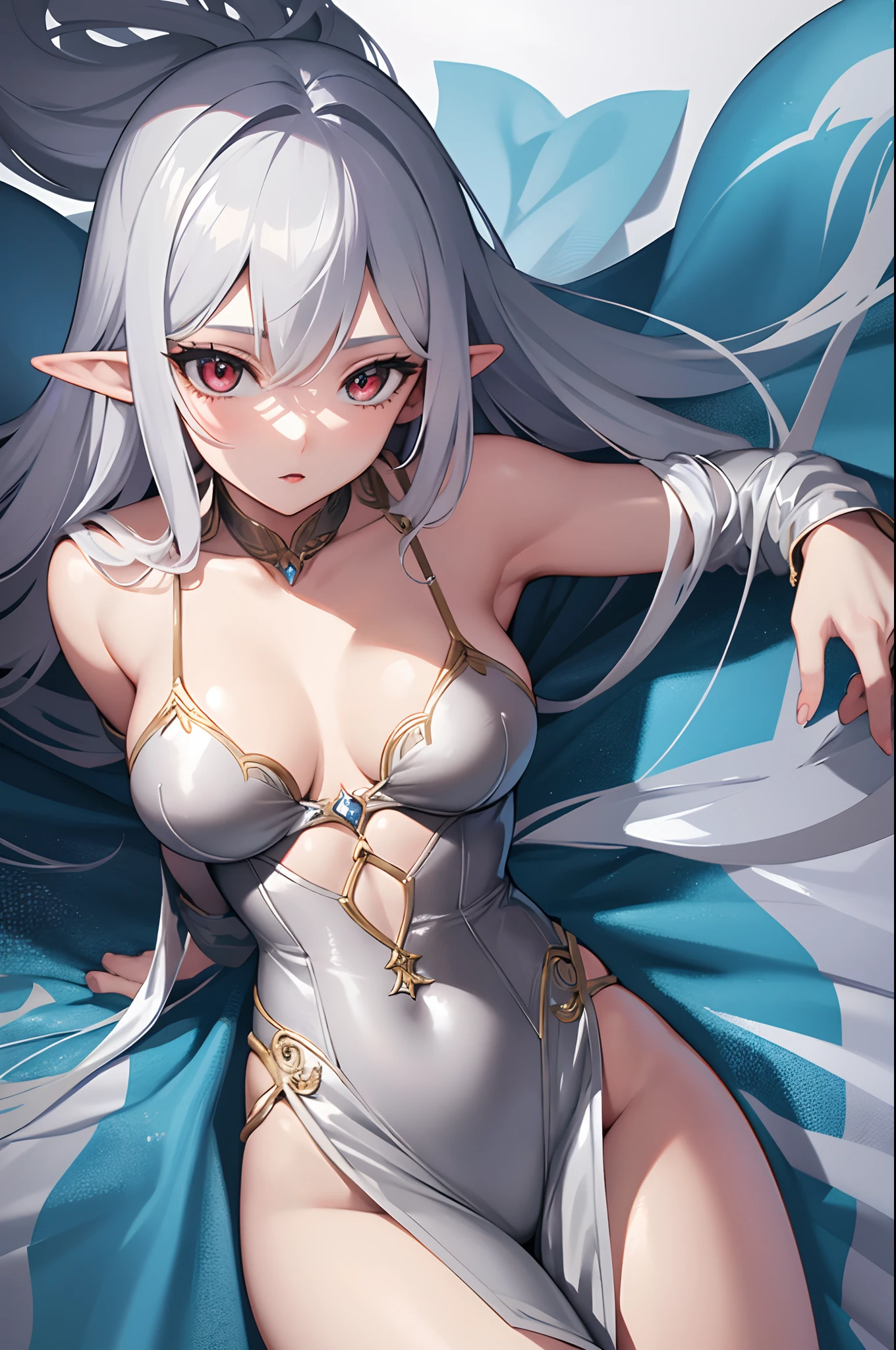 1girl, anime, cute girl, elf, blank background, white background, fantasy, detailed dark fantasy dress with highlights, beautiful face, beautiful eyes, dark colors, medium breasts, slight cleavage, beautiful skin, cute, silver hair, red eyes, breast curtains, extremely delicate and beautiful, (beautiful detailed face:1.0), (detailed deep eyes), symmetrical breasts, deep eyes, shiny skin, portrait, slender waist, hips wider than shoulders, thighs, young girl