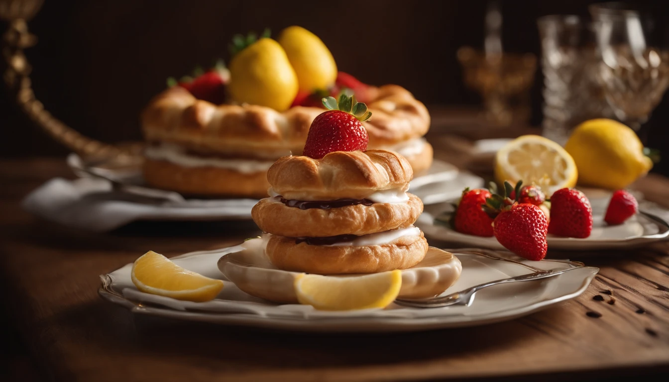 (masterpiece), stunning hyper-realistic photography, top angle, extremely detailed portrait Ultra-realistic color photographic portrait taken by professional photographer of a beautiful French patisserie table in a beautiful porcelain dishes set, chocolate croissant, slice of pie strawberry, lemon eclair, elegant cake, coffee with cream in a beautiful glass, beautiful classic tablecloth. The photo is sharp and detailed, with high contrast. blurred background, studio lighting, octane rendering, exquisitely detailed, Art Station Trend, isometric, incredible colors, high definition, cinematic, neoprene, style, bioluminescent, 8 life sizes, 8k resolution, curiously complete, elegant, close to perfection , dynamic, highly detailed, smooth concept art, positioned so that their bodies are symmetrical and directly balanced. The background is very blurry, with only indistinct lights and shadows. The photographer used a full-frame