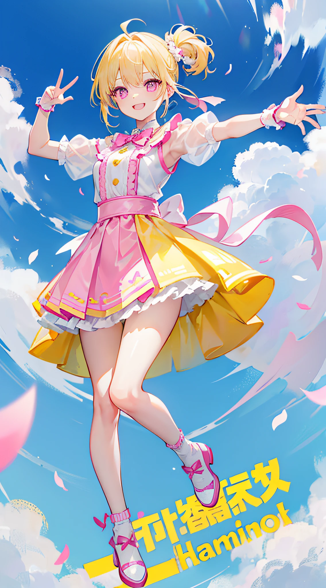 Light yellow hair,Double ponytail hairstyle,Pink eyes,Pink pupils,teens girl,Idol performance costumes,idol clothes,Short socks,Wear small leather shoes on your feet,full-body photo on the front,All body,Fingers and arms are not exposed,Smile Expression,Happy and happy expression,Background sky,The background of blue sky and white clouds