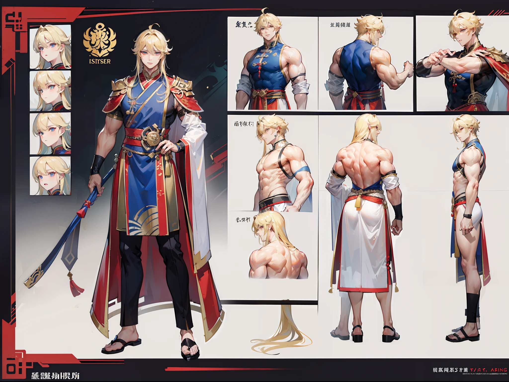((Masterpiece, Highest quality)), Detailed face, character design sheet, full bodyesbian, Full of details, frontal body view, back body view, Highly detailed, Depth, Many parts, Muscle boy with long blonde hair,handsome man, muscle body, Traditional chinese clothes, Genshin Impact, man tall