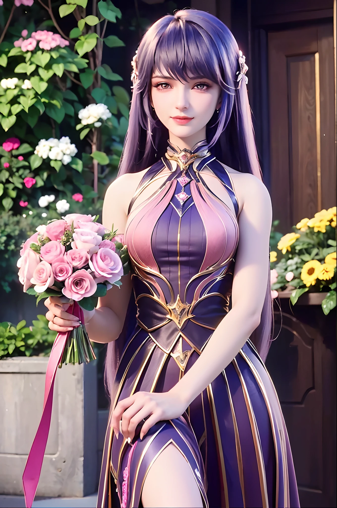(masterpiece, top quality, highest quality, official art, beautiful aesthetics, 1 woman, :1.5), 1 girl, shining jewel-like eyes, happy expression, beautiful face, kind, joyful, ((correct human body structure)), happy, with bouquet, casual clothes, pink long hair, high heel sandals, see here, park full of flowers, 8k wallpaper,