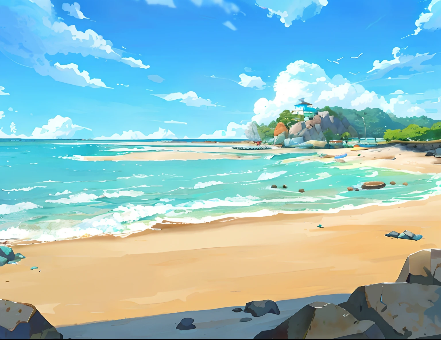 Painted beaches with rocks and small islands in the distance, Anime background art, There is a small boat on the beach，There is a small pavilion in the distance
