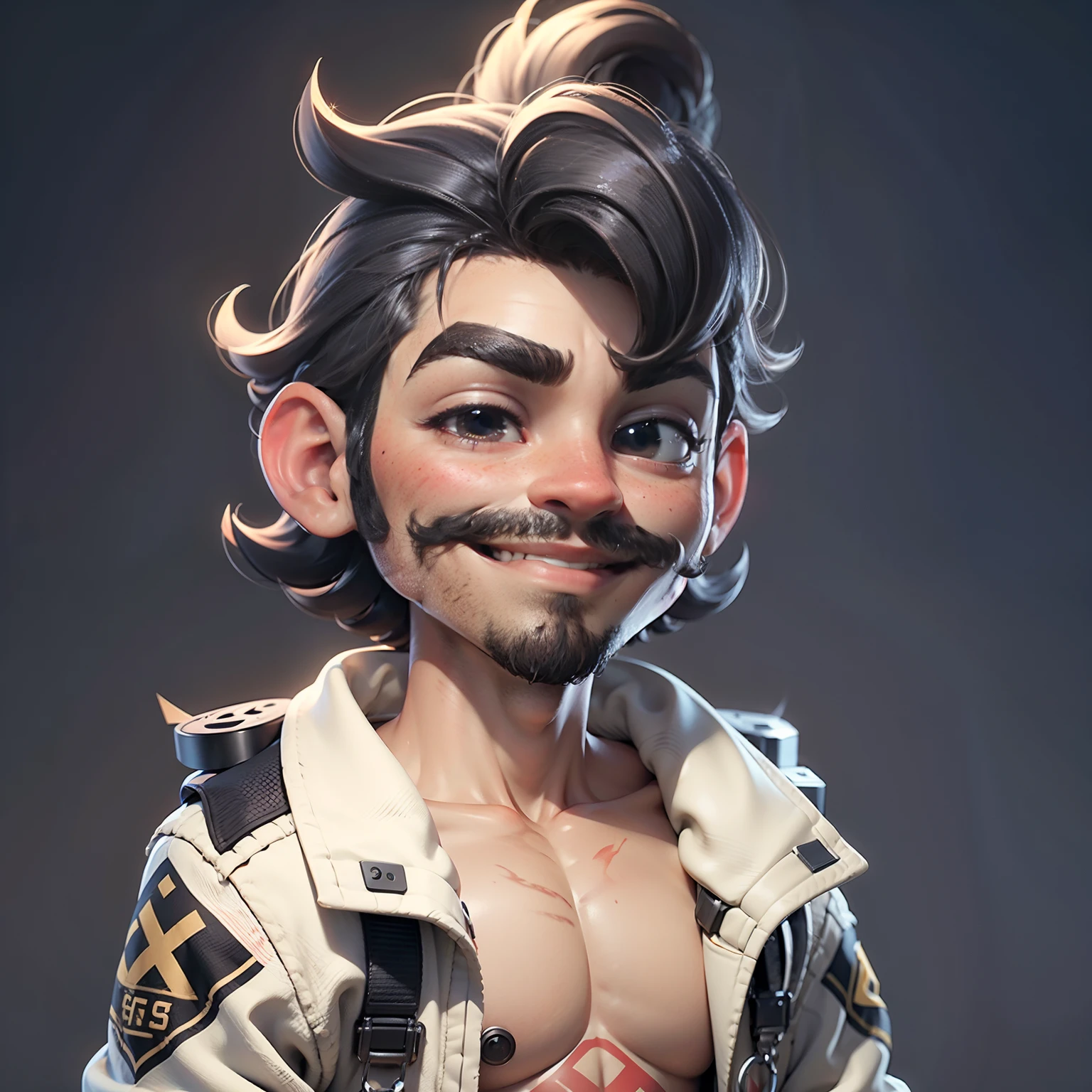 podcast studio, homem de bigode, 34 anos de idade, cabelo pompandour, diferentes poses, looking-into-camera, um sorriso aberto, Eye correction, corpo inteiro, enquadramento de cena, 4k, renderizado