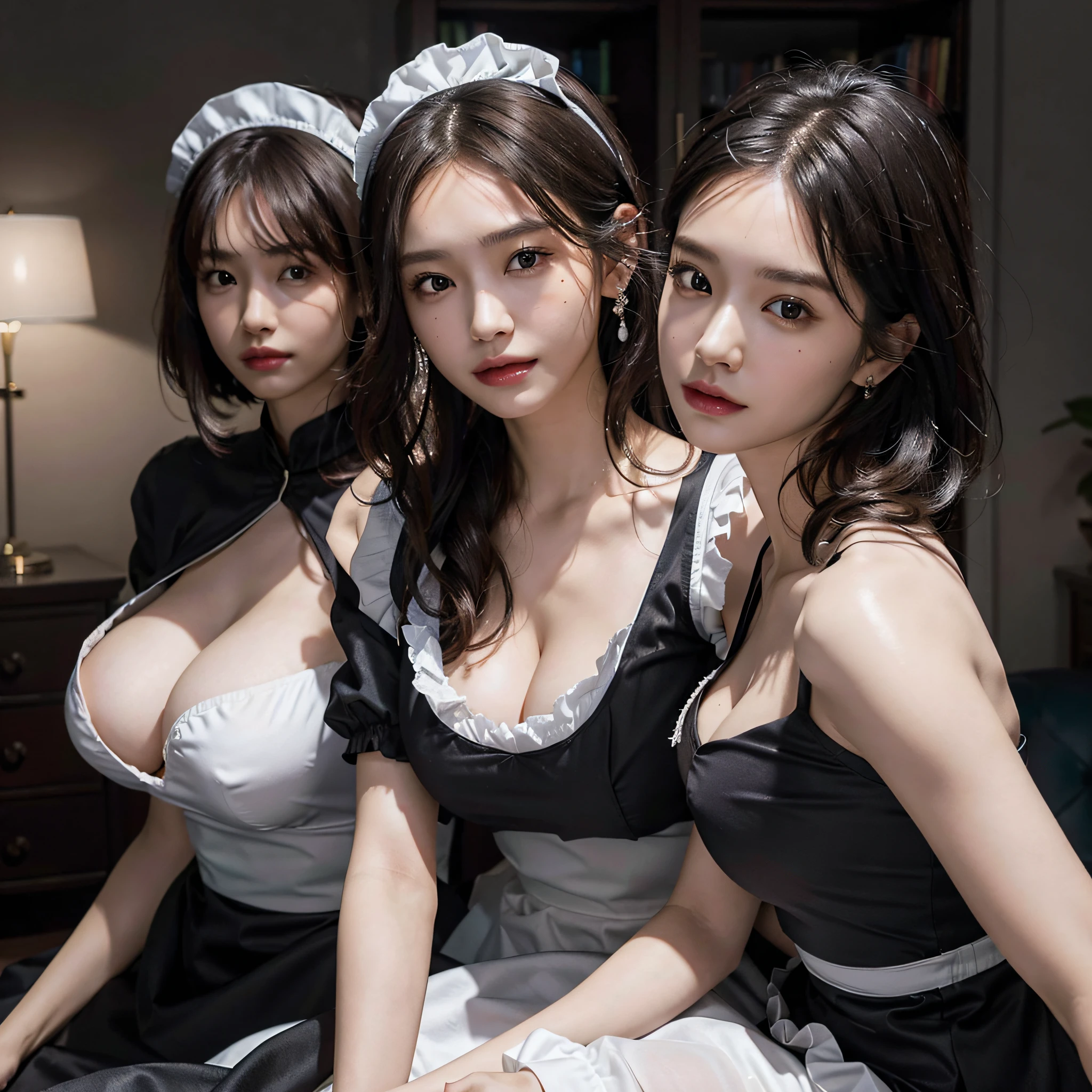 absurdres, RAW photo, extremely delicate and beautiful, masterpiece, Best Quality, ultra high resolution, 16k, hyperrealistic, ultra-detailed, Very detailed CG 8k wallpaper, Beautiful Lighting, Perfect Lightning, Realistic Shadows, perfect anatomy, super Detailed skin, perfect figure, Japanese woman, late 20s, very Slim body, narrow waist, very small head, handsome detailed woman, very detailed eyes and face, realistic face proportions, Stunning detailed eyes, Realistic beautiful face, very small face, Realistic small beautiful eyes, double eyelids, makeup, tearful mole, mole on chest, earring, bare legs, beautiful and very thin legs, beautiful and very thin thighs, (very huge round breasts:1.3), short hair, wavy hair, sweat, full body shot, (3 girls:1.3), tight-fitting, (maid costume:1.3),