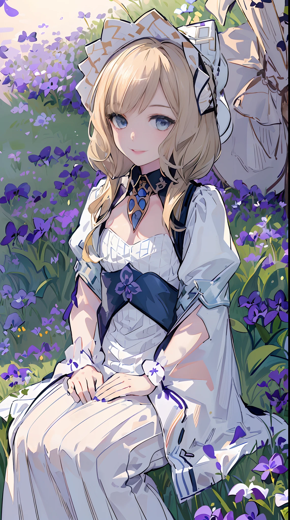 1girll,sandrone, (((Blonde hair))), (((blue color eyes))),Light smile, Hat,(((Sitting))),Lie outdoors,(((blue clear skies))),(((Violets grow on the grass next to it))),(((Anne Hathaway)))