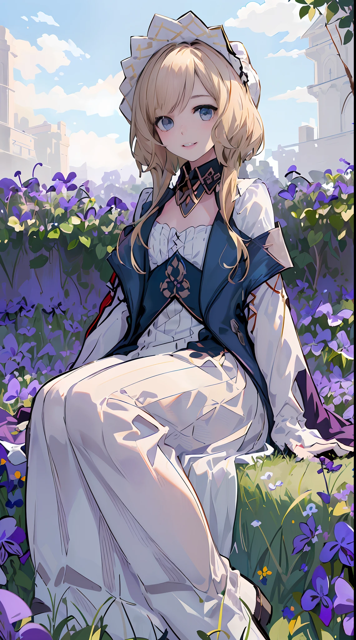 1girll,sandrone, (((Blonde hair))), (((blue color eyes))),Light smile, Hat,(((Sitting))),Lie outdoors,(((blue clear skies))),(((Violets grow on the grass next to it))),(((Anne Hathaway)))