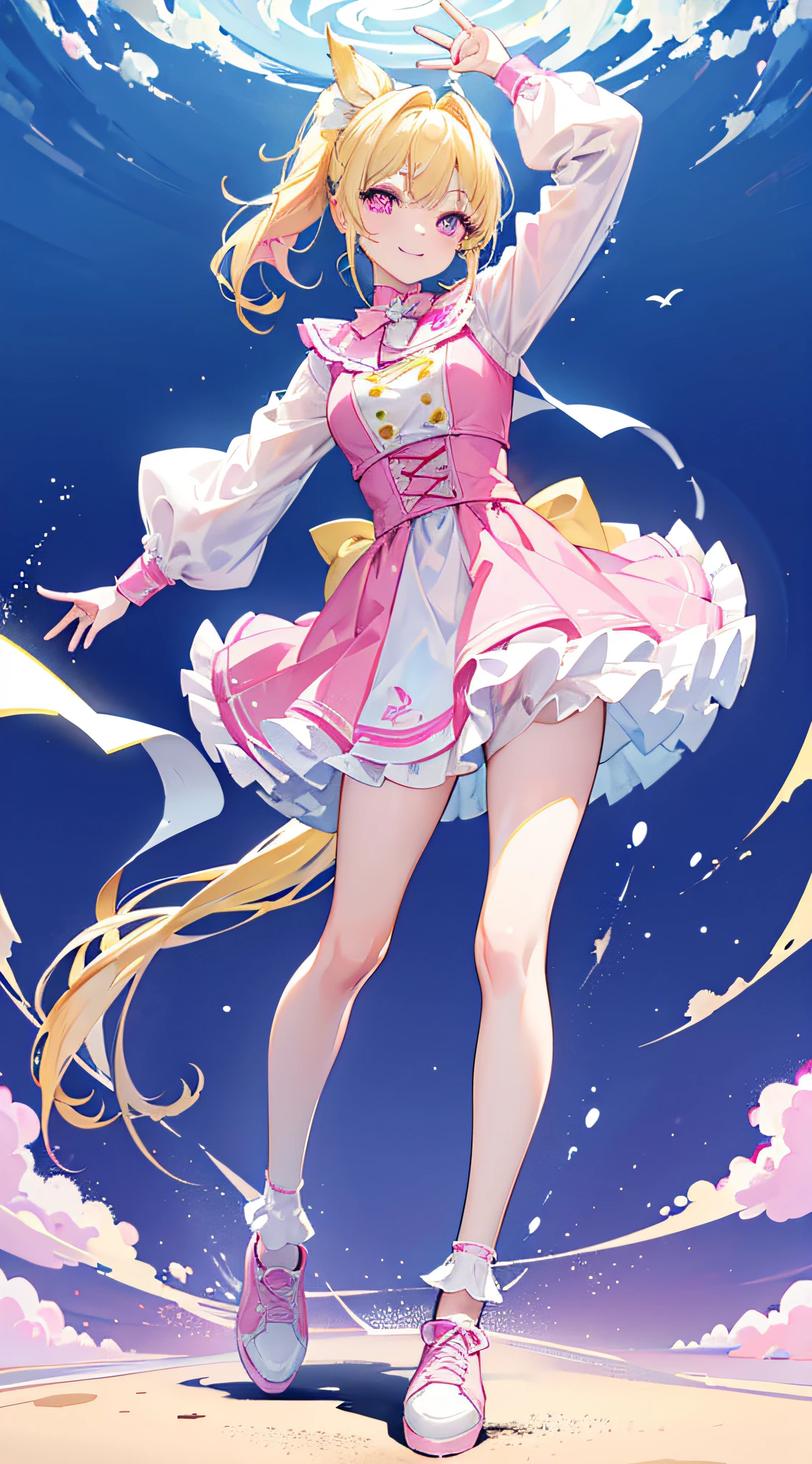 Light yellow hair，Double ponytail hairstyle，Pink eyes，Pink pupils，teens girl，Idol performance costumes，idol clothes，Short socks，Wear small leather shoes on your feet，full-body photo on the front，All body，Fingers and arms are not exposed，Smile Expression，Happy and happy expression，Background sky，The background of blue sky and white clouds