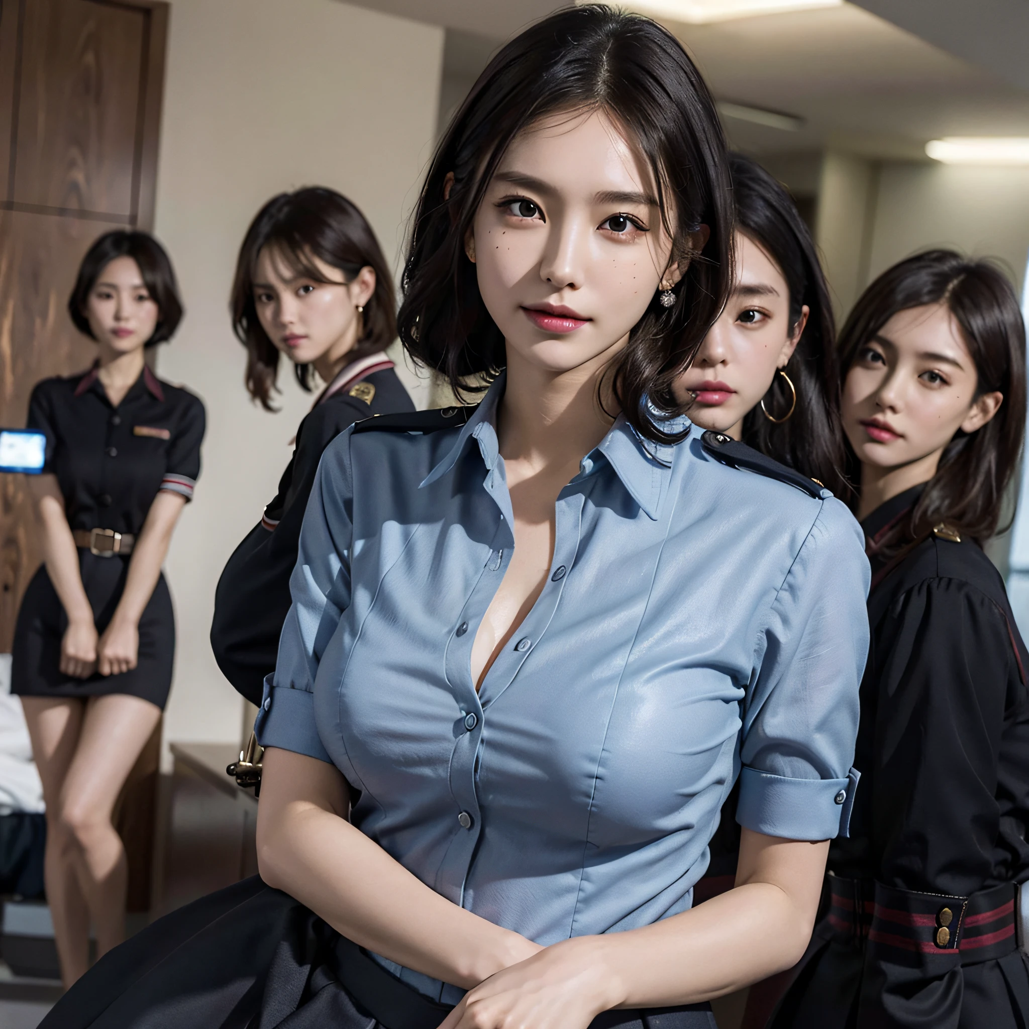 4k ,ultra high res ,(photo realistic: 1.1) ,detailed face ,breast ,kawaii,A sensual and cute Japanese policewoman is dressed in her uniform. Despite the fact that her miniskirt reveals her underpants and her cleavage is visible through her breasts, she is working with a smile and a sense of urgency at the scene of a crime, holding her handcuffs in case an incident occurs at any moment.