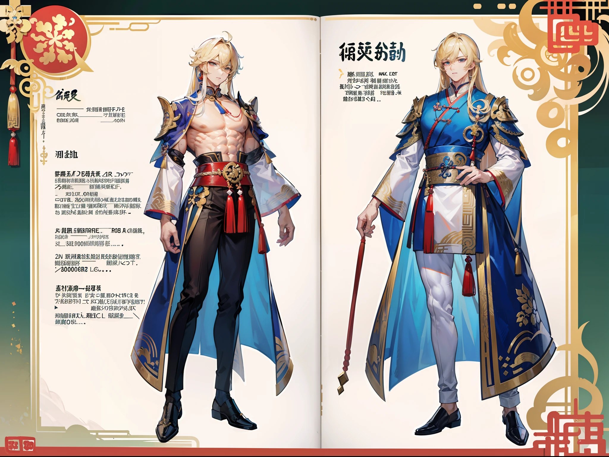 ((Masterpiece, Highest quality)), Detailed face, character design sheet, full bodyesbian, Full of details, frontal body view, back body view, Highly detailed, Depth, Many parts, Muscle boy with long blonde hair,handsome man, muscle body, Traditional chinese clothes, Genshin Impact, man tall