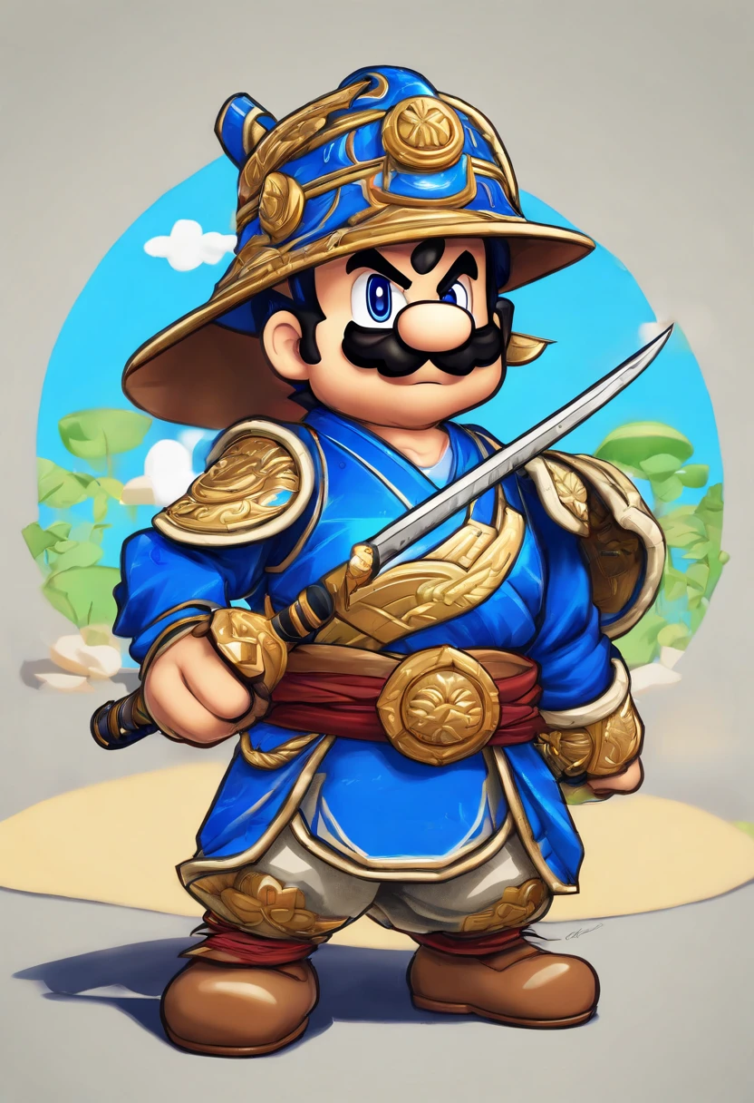 (((um homem samurai(armadura azul) olho azul, cabelo castanho medianocom uma espada na cintura))), olhar penetrante, Wearing a bamboo hat, rosto detalhado, jovem, extremamente detalhado, plano geral, estilo anime, colorido, obra prima, 8k