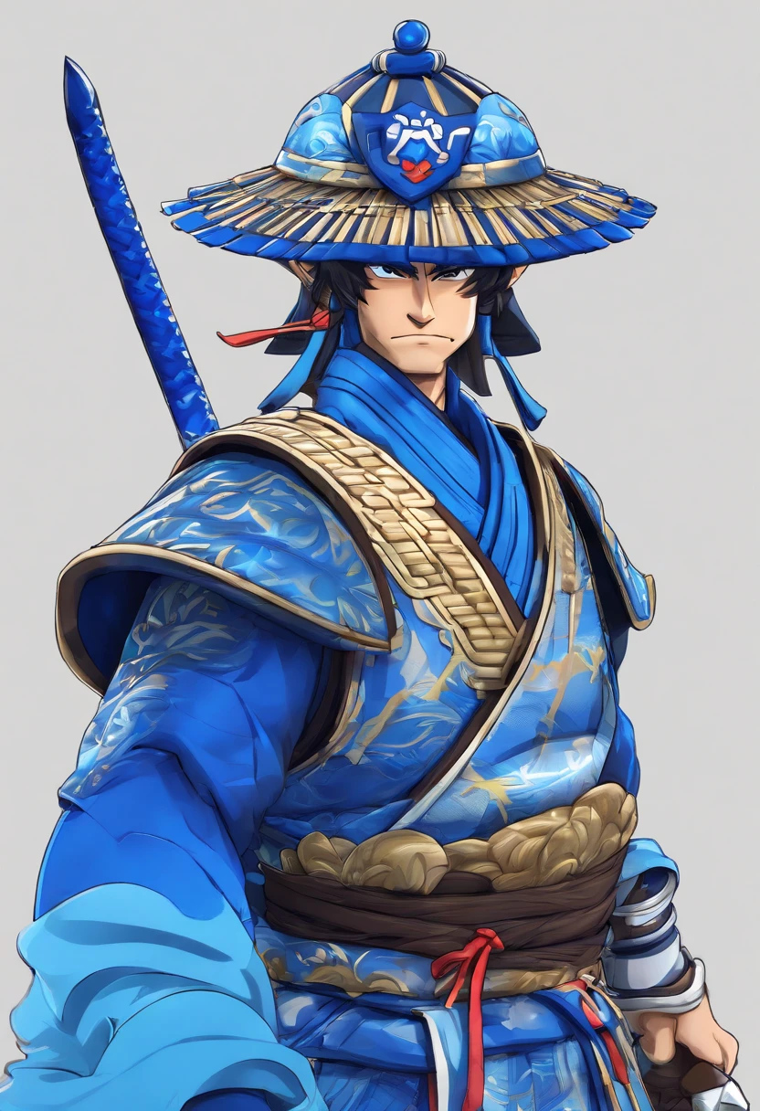 (((um homem samurai(armadura azul) olho azul, cabelo castanho medianocom uma espada na cintura))), olhar penetrante, Wearing a bamboo hat, rosto detalhado, jovem, extremamente detalhado, plano geral, estilo anime, colorido, obra prima, 8k
