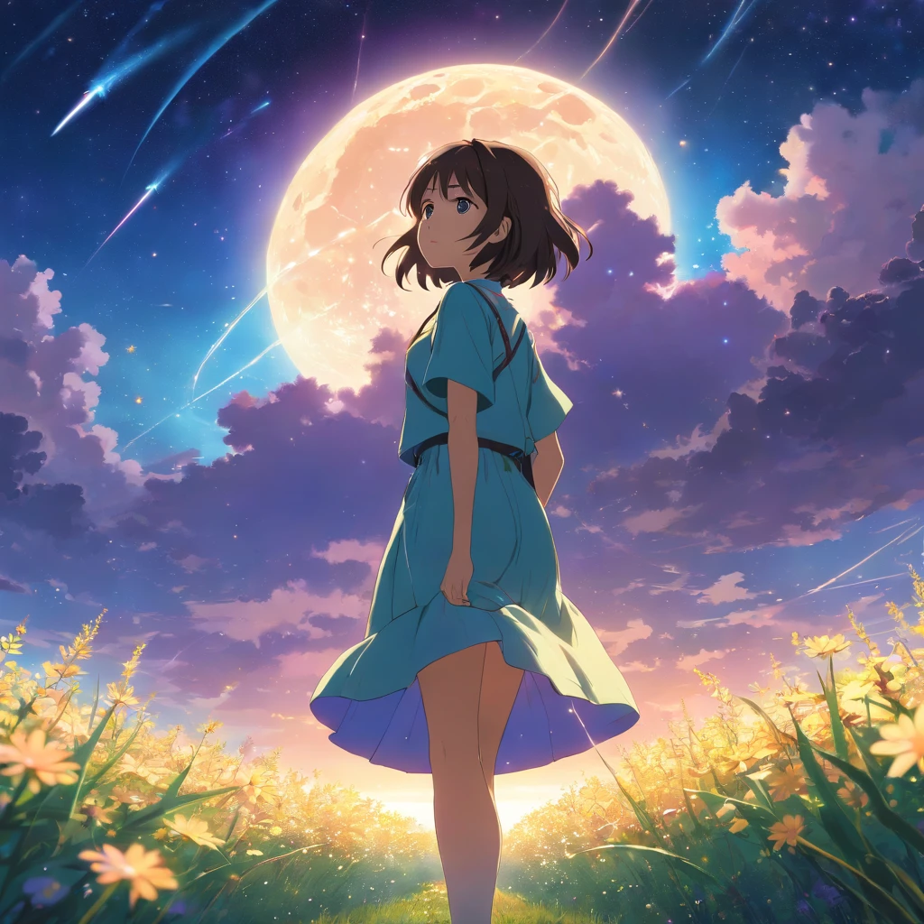 Makoto Shinkai, expansive landscape photograph , (a view from below that shows sky above and open field below), a girl standing on flower field looking up, (full moon:1.2), ( shooting stars:0.9), (nebula:1.3), distant mountain, tree BREAK production art, (warm light source:1.2), (Firefly:1.2), lamp, lot of purple and orange, intricate details, volumetric lighting BREAK (masterpiece:1.2), (best quality), 4k, ultra-detailed, (dynamic composition:1.4), highly detailed, colorful details,( iridescent colors:1.2), (glowing lighting, atmospheric lighting), dreamy, magical, (solo:1.2)