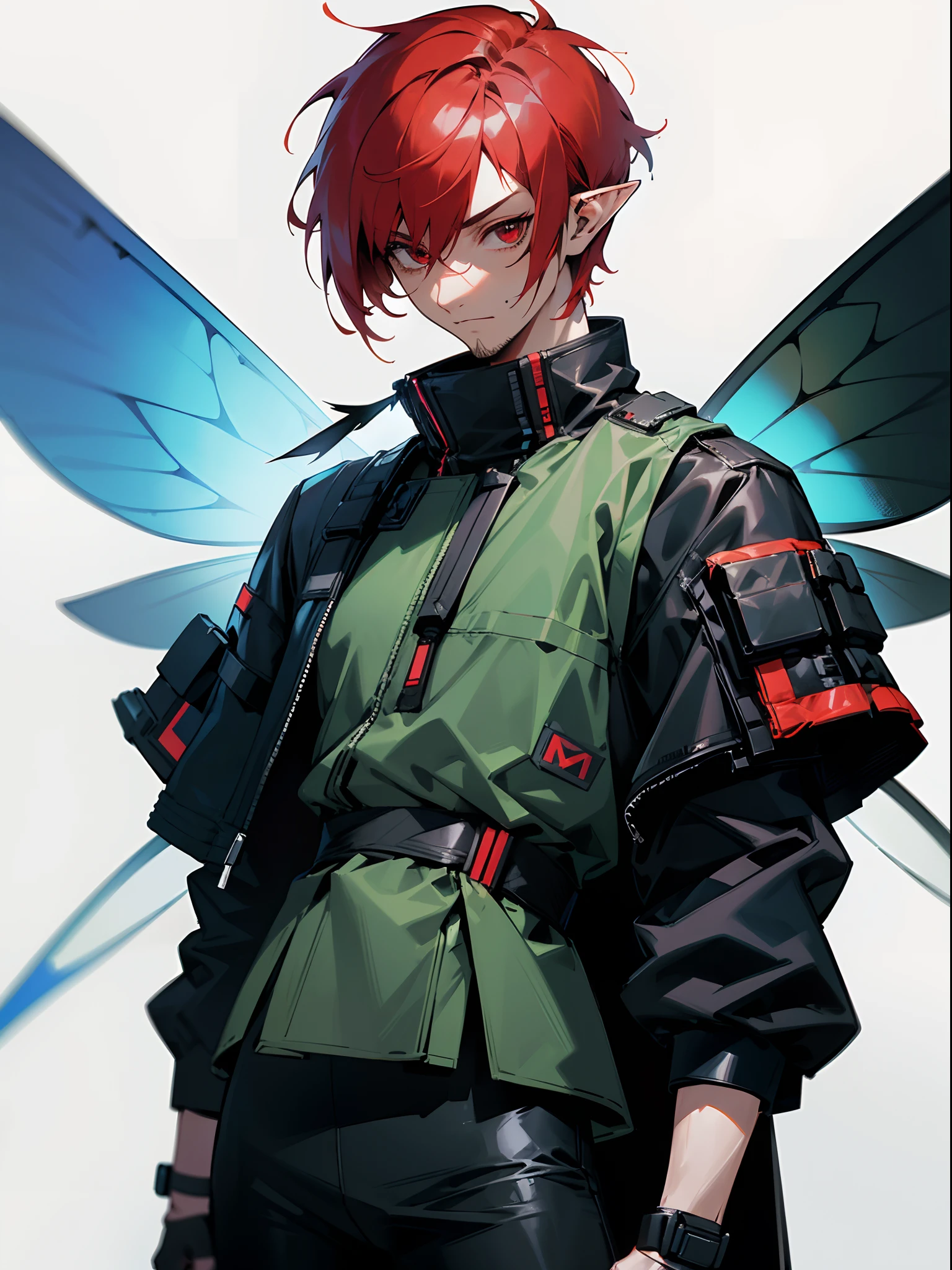 a Character in a black outfit , cyberpunk streetwear, wearing cyberpunk streetwear, cyberpunk outfit, wearing techwear and armor, all black cyberpunk clothes, cyberpunk style outfit, cyberpunk clothes, cyberpunk fashion, style of cyberpunk, cyberpunk outfits, futuristic techwear, photograph of a techwear, cyberpunk fashion clothing, cyberpunk high fashion, has cyberpunk style, muted cyberpunk style
(masterpiece, best quality )detailed, 1Character , pastel washed out colors , cell shade , soft, muted shades ,gentle colors , blue archive art style, Handsome man , tall, lean ,((muscular body1:1)) , ((has facial stubble:1.1)) , red hair , ((very short hair:1.3)) , red eyes , ((has fairy wings:1.3)), masculine , red eyes, elf ears ,((male:1.2)),((two wings:1)) , age 32