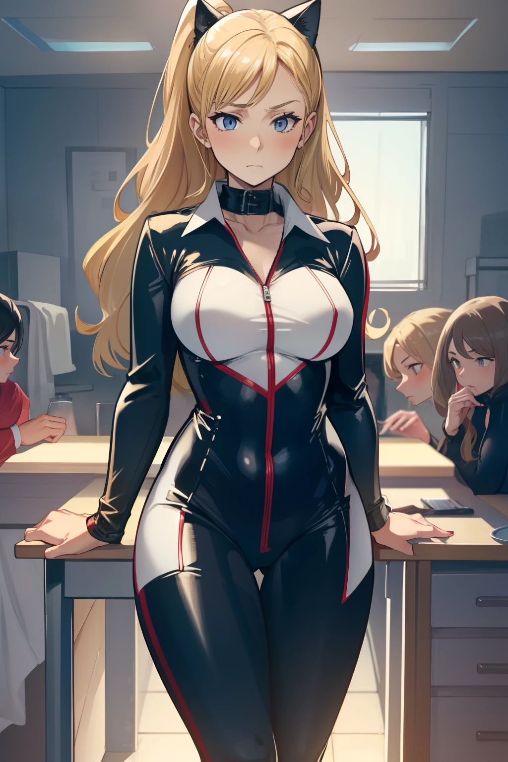 (Highest quality,4K,8K,High resolution,masterpiece:1.2), Studio Lighting,Ultra-fine painting,Sharp focus,Physically Based Rendering,Very detailed explanation,Professional, Glasses,Portraiture,landscape, Mid-chest,sf,photograph,Concept Artist,Five Fingers, Buttock augmentation,bursting breasts,One Woman,Dirt and long legs,Fitness Model,Blonde,Height: 170cm,Long Curly Hair, Mature Woman,Fair skin,A tense and embarrassed look, Sweat, Blushing, My body is soaked, Black tight bodysuit, Hands rubbing the chest, Spread your legs,On a dimly lit desk,Low overall appearance, Cat ears and cat tail,