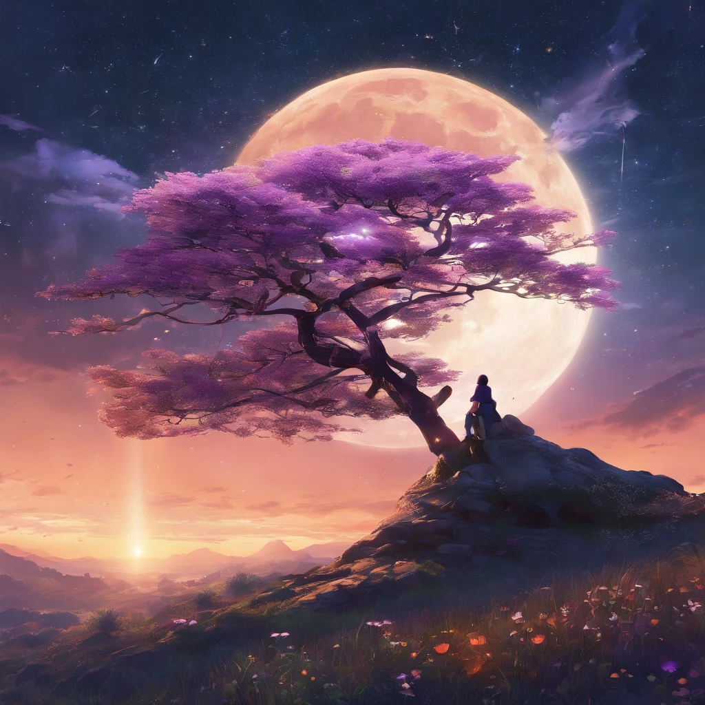 Makoto Shinkai, expansive landscape photograph , (a view from below that shows sky above and open field below), a girl standing on flower field looking up, (full moon:1.2), ( shooting stars:0.9), (nebula:1.3), distant mountain, tree BREAK production art, (warm light source:1.2), (Firefly:1.2), lamp, lot of purple and orange, intricate details, volumetric lighting BREAK (masterpiece:1.2), (best quality), 4k, ultra-detailed, (dynamic composition:1.4), highly detailed, colorful details,( iridescent colors:1.2), (glowing lighting, atmospheric lighting), dreamy, magical, (solo:1.2)