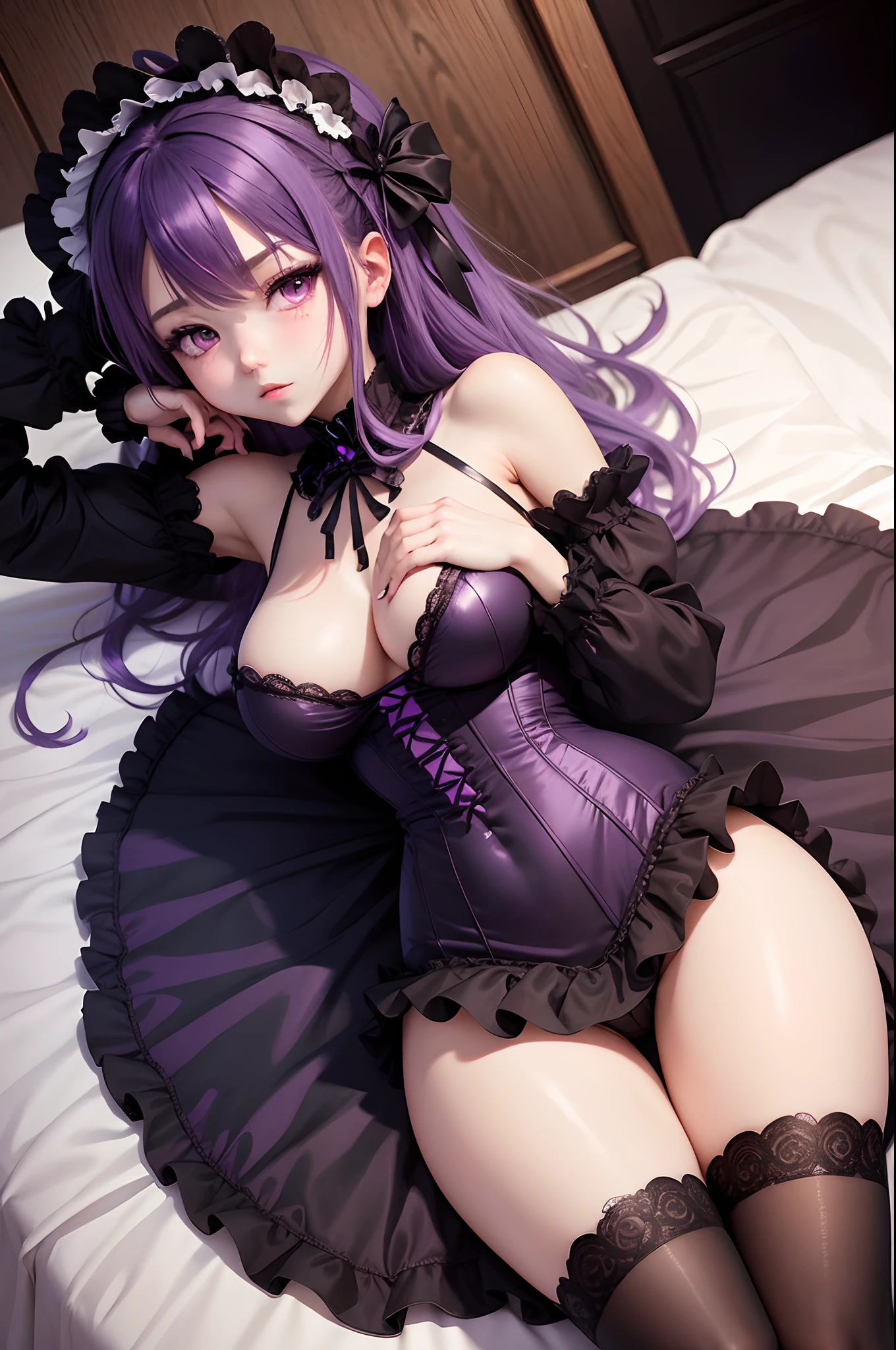 anime gothic ta, 1 girl, purple hair, skinny body, big breast, skinny legs, sexy maid dress, shy blushing face, laying in bed, legs seperated wide, hands hiding behind head