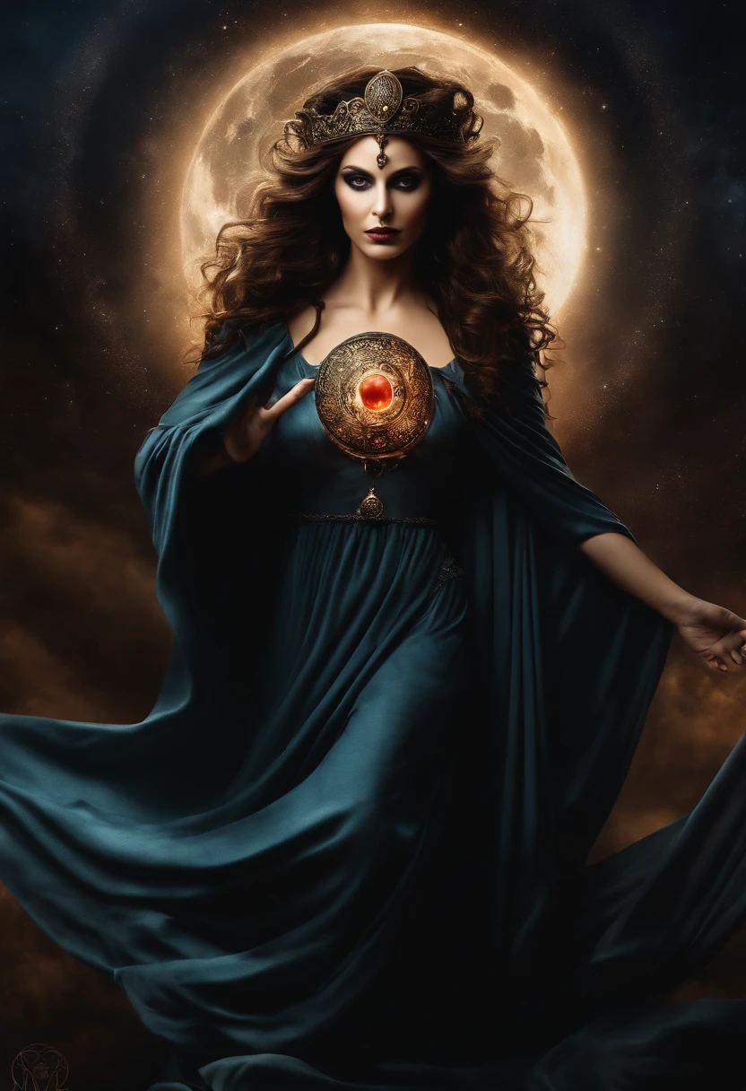 hecate goddess, rainha da magia e do poder, Controls shadows and illusion. mulher poderosa, of flowing black robes, cabelos vermelhos imensamente longos, olhos pretos. poderosa. Ao fundo, The night with the full moon and mystical beings. Estilo mito. poder e magia. mistic. humanizada.