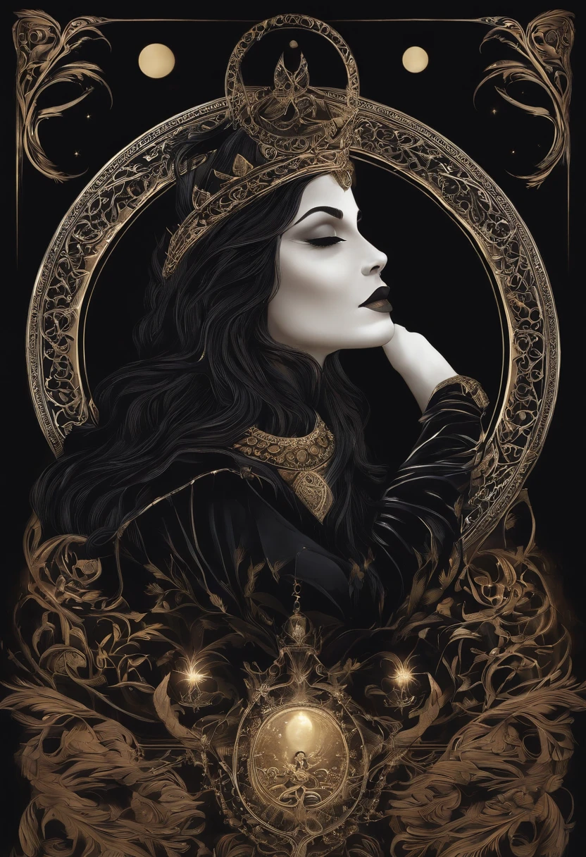 hecate goddess, rainha da magia e do poder, Controls shadows and illusion. mulher poderosa, of flowing black robes, cabelos vermelhos imensamente longos, olhos pretos. poderosa. Ao fundo, The night with the full moon and mystical beings. Estilo mito. poder e magia. mistic. humanizada.