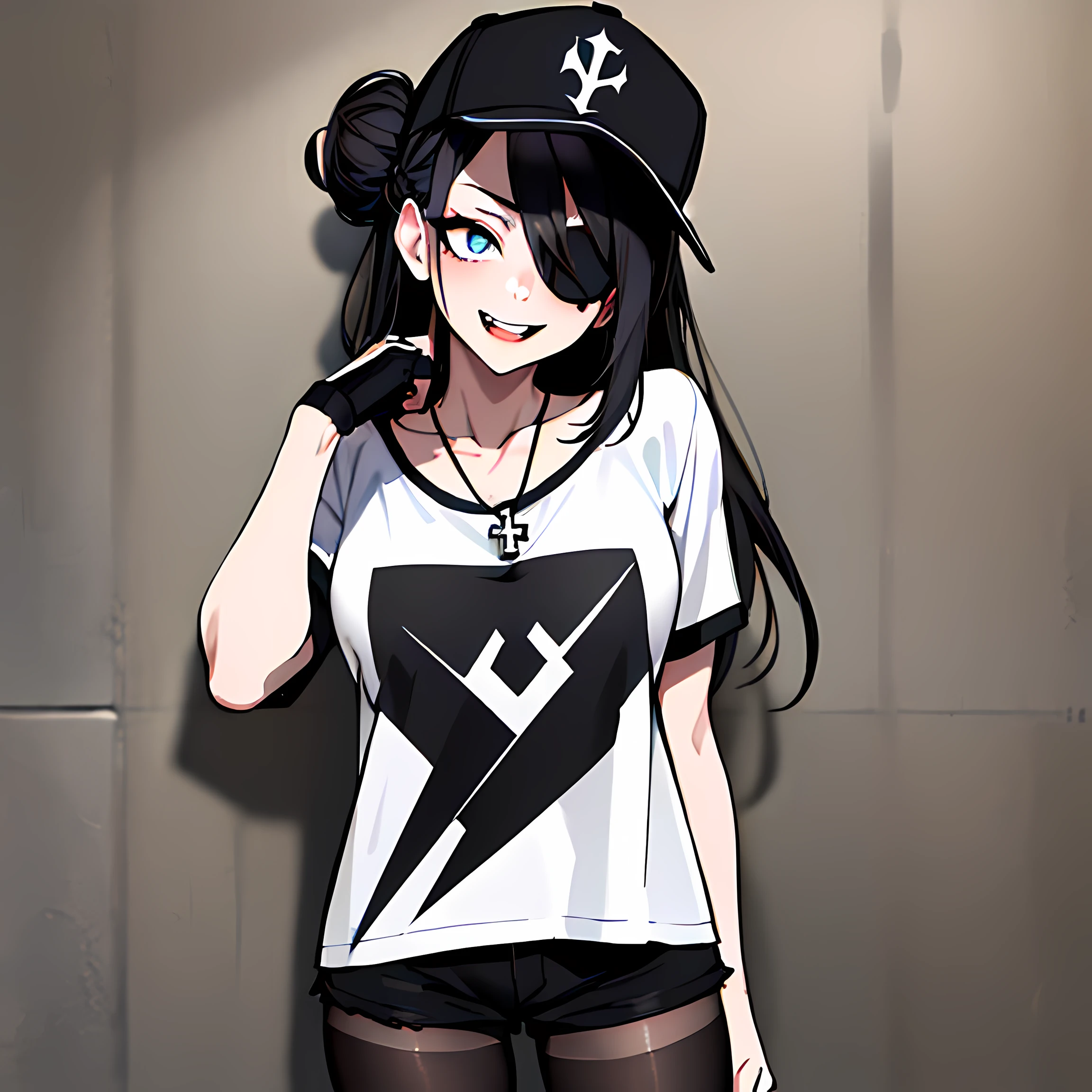 (absurdres, 8k, 4k, masterpiece, hyper extreme detailed:1.2), best quality, expressive eyes, highres, perfect eyes, 1girl, perfect face, perfect hands, Long Hair, Black hair, braided buns, buns in hair, large bust, crazy face, crazy eyes, crazy smile, eyepatch, gothic, cross necklace, black shirt, streetwear, pantyhose, baseball cap, curious, half body, street clothing, graphic t-shirt, standing, leaning against wall, gothic, pale skin, absurdquality, shocked, concerned, confused, head tilt, cowboy_shot, shorts, short shirt, fang tooth, black eyepatch, smile, black pantyhose, wall background, mature, adult, black sleeves,