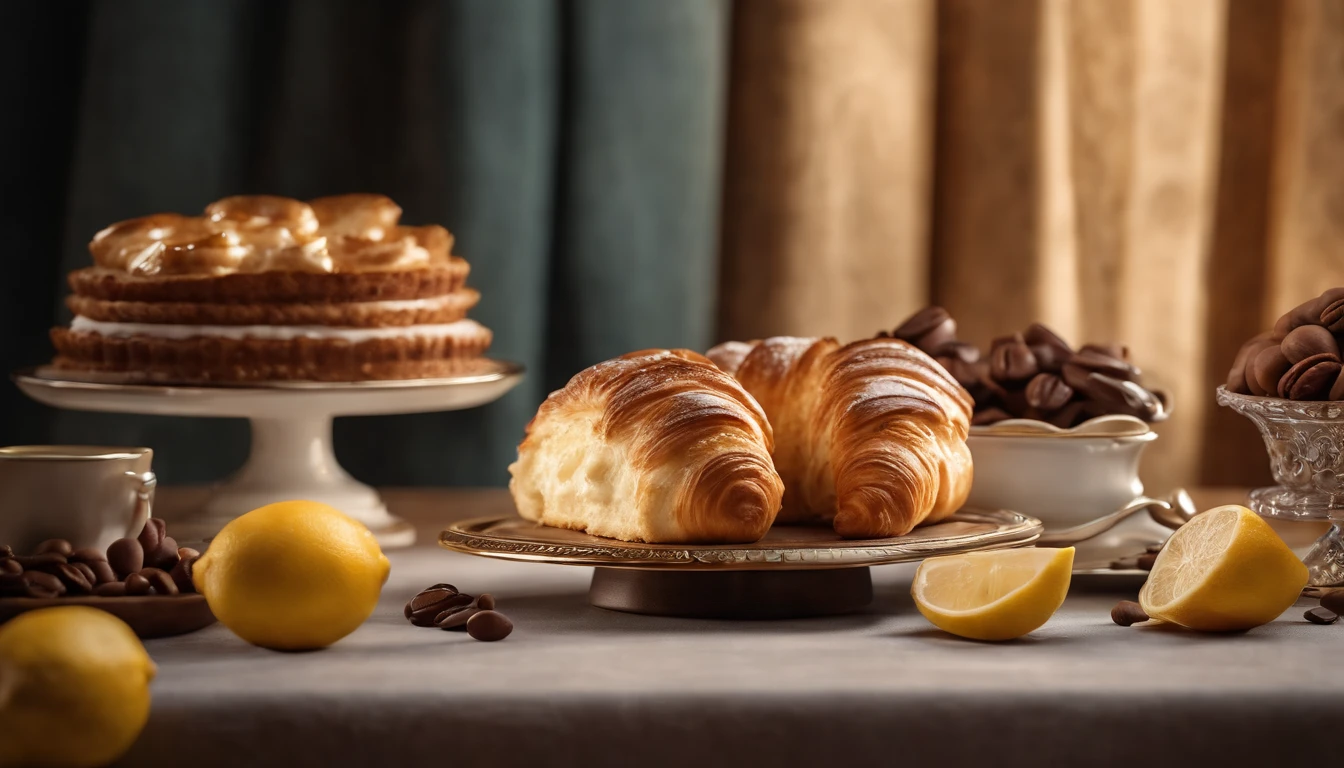 (masterpiece), stunning hyper-realistic photography, top angle, extremely detailed portrait Ultra-realistic color photographic portrait taken by professional photographer of a beautiful French patisserie table in a beautiful porcelain dishes set, chocolate croissant, lemon eclair, elegant cake, coffee with cream in a beautiful cup, beautiful classic tablecloth. The photo is sharp and detailed, with high contrast. blurred background, studio lighting, octane rendering, exquisitely detailed, Art Station Trend, isometric, incredible colors, high definition, cinematic, neoprene, style, bioluminescent, 8 life sizes, 8k resolution, curiously complete, elegant, close to perfection , dynamic, highly detailed, smooth concept art, positioned so that their bodies are symmetrical and directly balanced. The background is very blurry, with only indistinct lights and shadows. The photographer used a full-frame