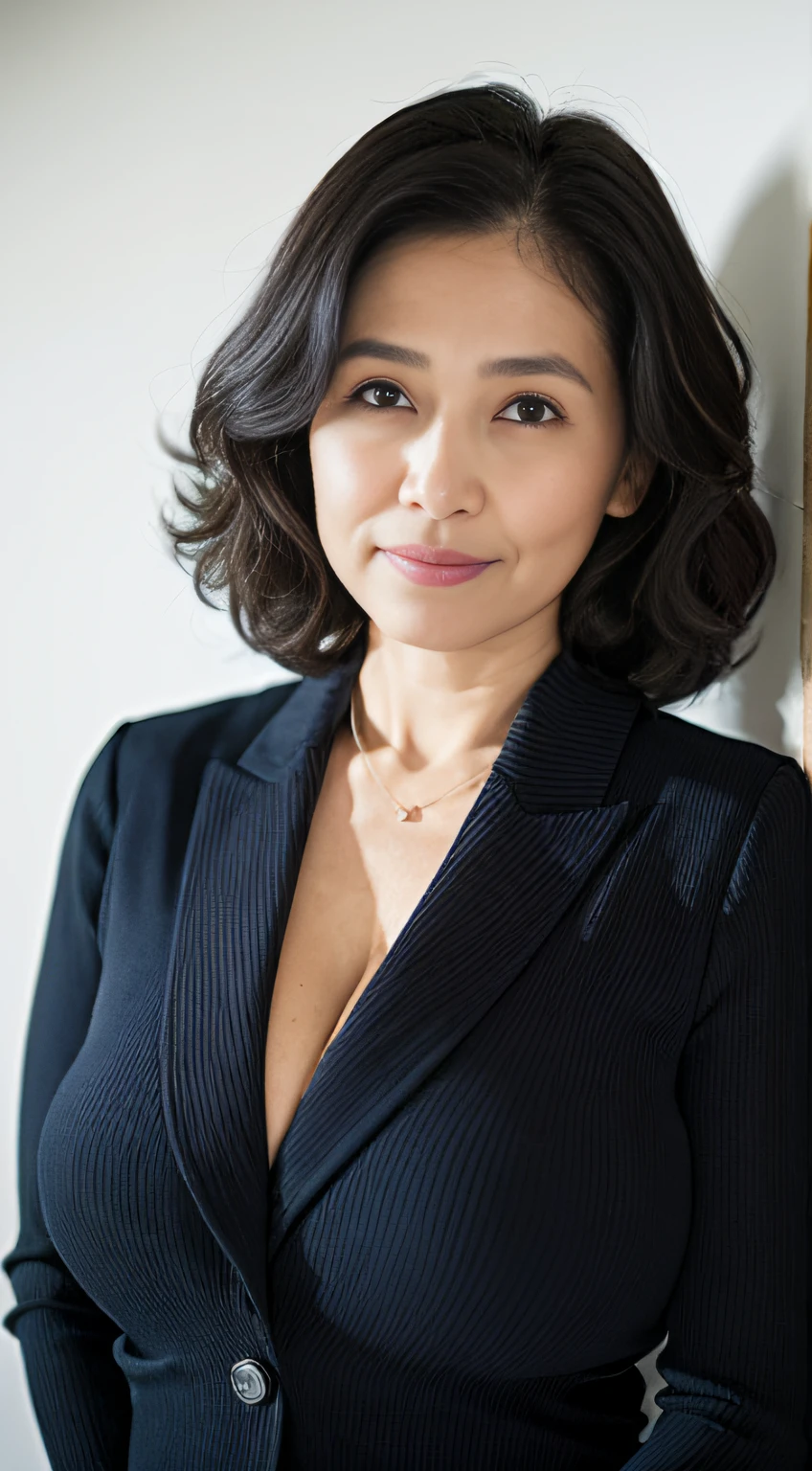 ((Best quality, 8K, Masterpiece, Portrait: 1.3)), (View viewers), Photorealism, Sharp focus, Solo, The Moro Islamic Liberation Front of Japan, Beauty,Wavy hair, Wrinkles at the corners of the eyes, to emphasize, ((Big breasts:1.3))),，30 years old, curlies, Wrinkled eyes, （Black suit, standing on your feet:1.2）（（looking at viewert））