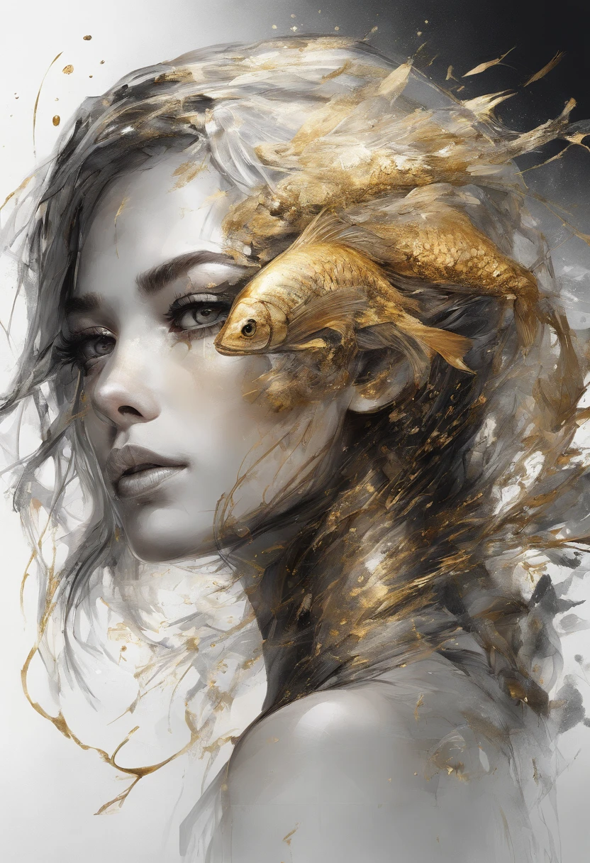 Perfect centralization, Fantastic black-gold beam, delight, Standing position, Abstract beauty, centre, Looking at the camera, Facing the camera, nearing perfection, Dynamic, highly detailed, Liso, foco nítido, 8K, A high resolution, illustration, Art by Carne Griffiths and Wadim Kashin, Goldfish characters