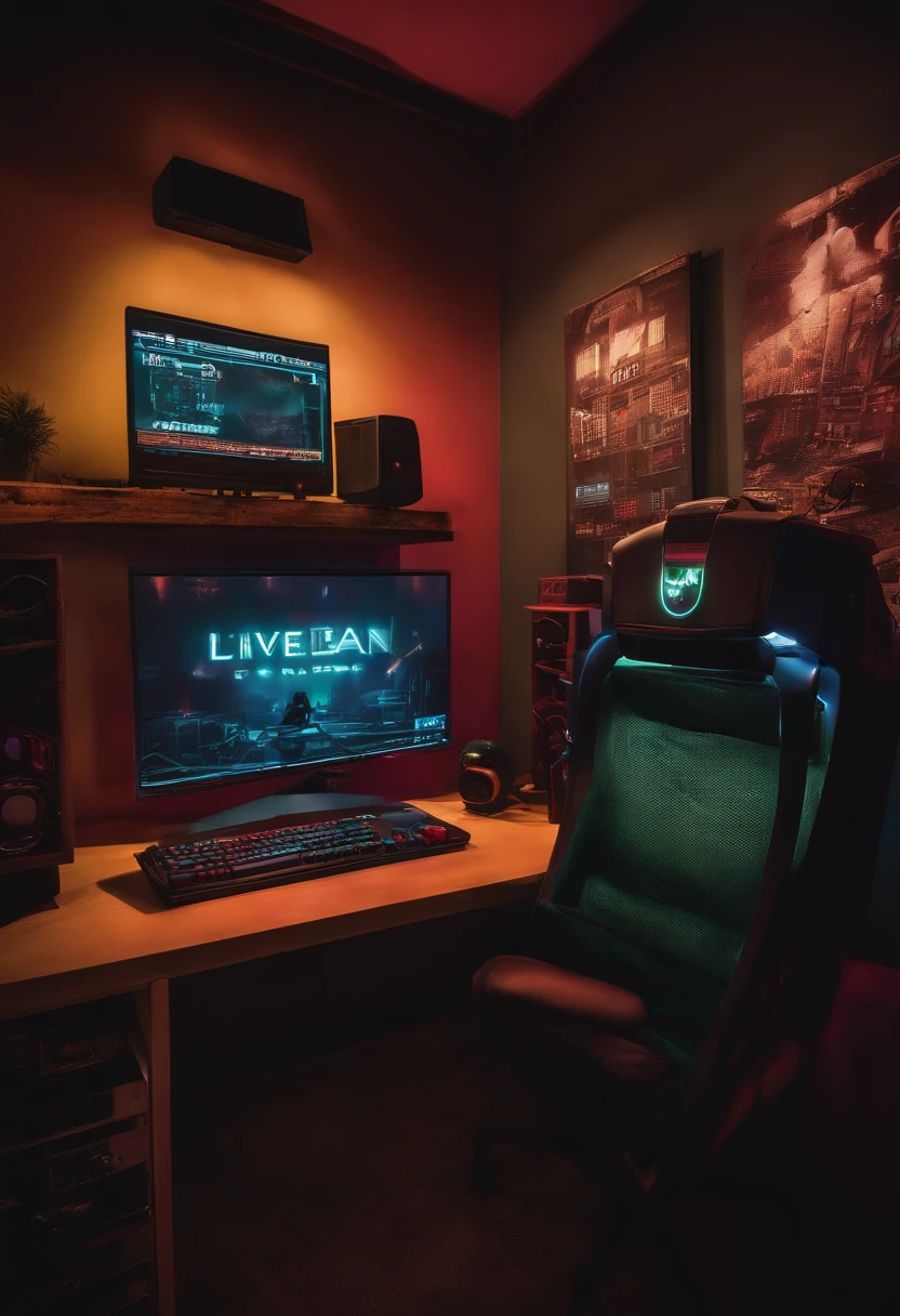 Ultra-realistic image of a color gamer's room with a computer and the word "live"