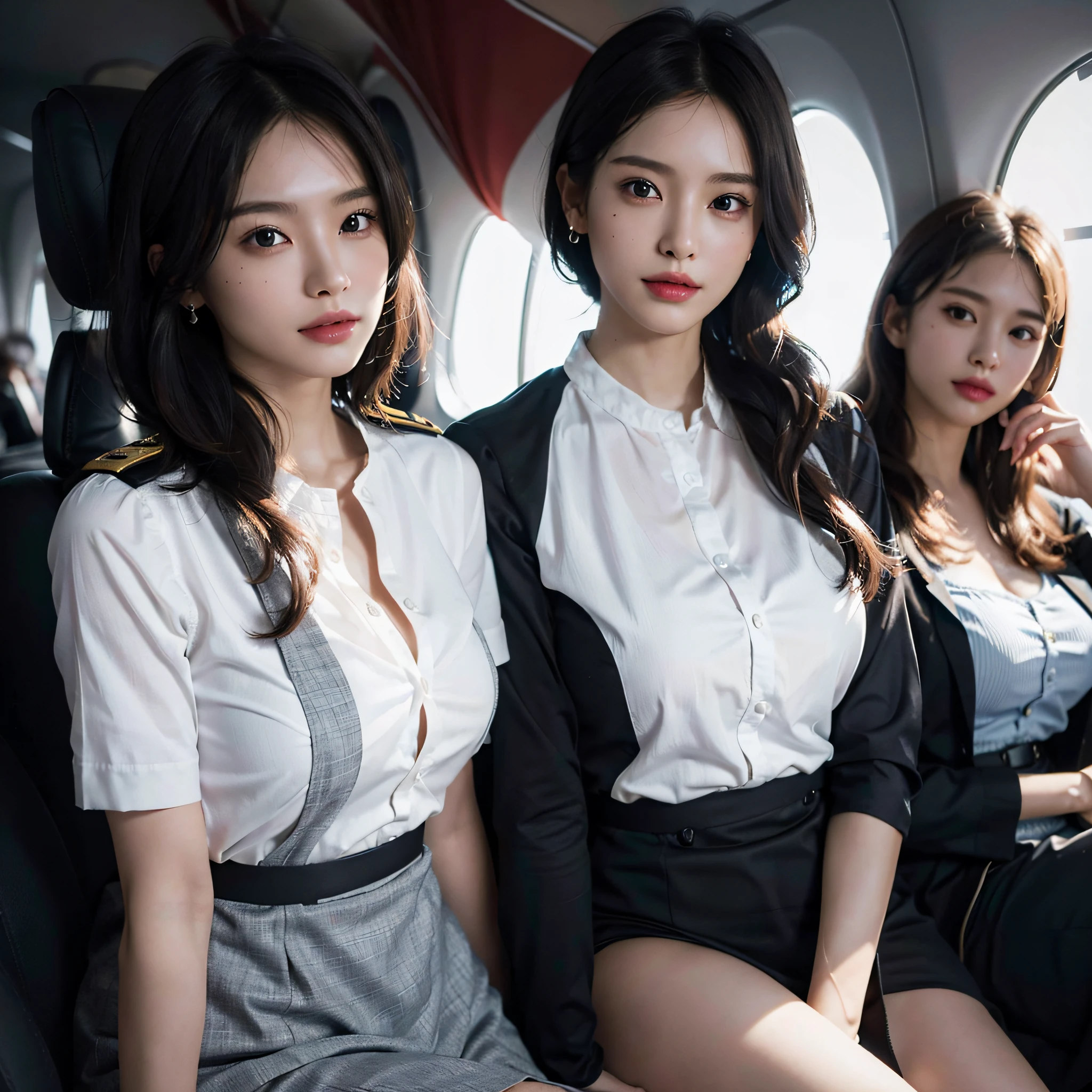 Top Quality, Masterpiece, 8K, Ultra High Definition, (Photorealistic: 1.4), 1 Girl, Beautiful Face, Symmetrical Eyes, Big, Perfect Body Proportions, Stewardess Uniform, Viewer's Look, (Inside the Airplane: 1.2), Front View, Shoulder Jump, Absolute Area (1.3),