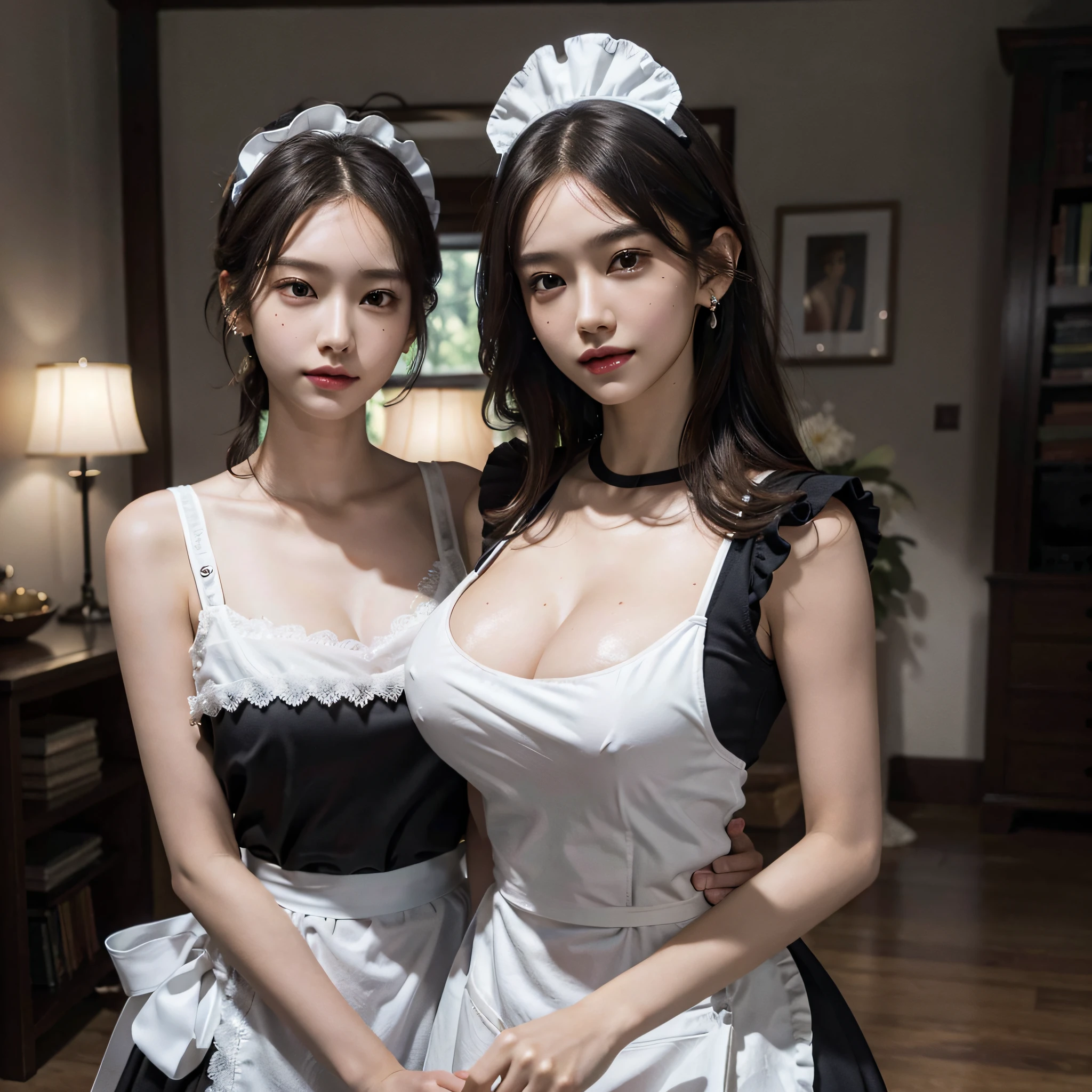 absurdres, RAW photo, extremely delicate and beautiful, masterpiece, Best Quality, ultra high resolution, 16k, hyperrealistic, ultra-detailed, Very detailed CG 8k wallpaper, Beautiful Lighting, Perfect Lightning, Realistic Shadows, perfect anatomy, super Detailed skin, perfect figure, Japanese woman, late 20s, very Slim body, narrow waist, very small head, handsome detailed woman, very detailed eyes and face, realistic face proportions, Stunning detailed eyes, Realistic beautiful face, very small face, Realistic small beautiful eyes, double eyelids, makeup, tearful mole, mole on chest, earring, bare legs, beautiful and very thin legs, beautiful and very thin thighs, (very huge round breasts:1.3), short hair, wavy hair, sweat, full body shot, (3 girls:1.3), tight-fitting, (maid costume:1.3),