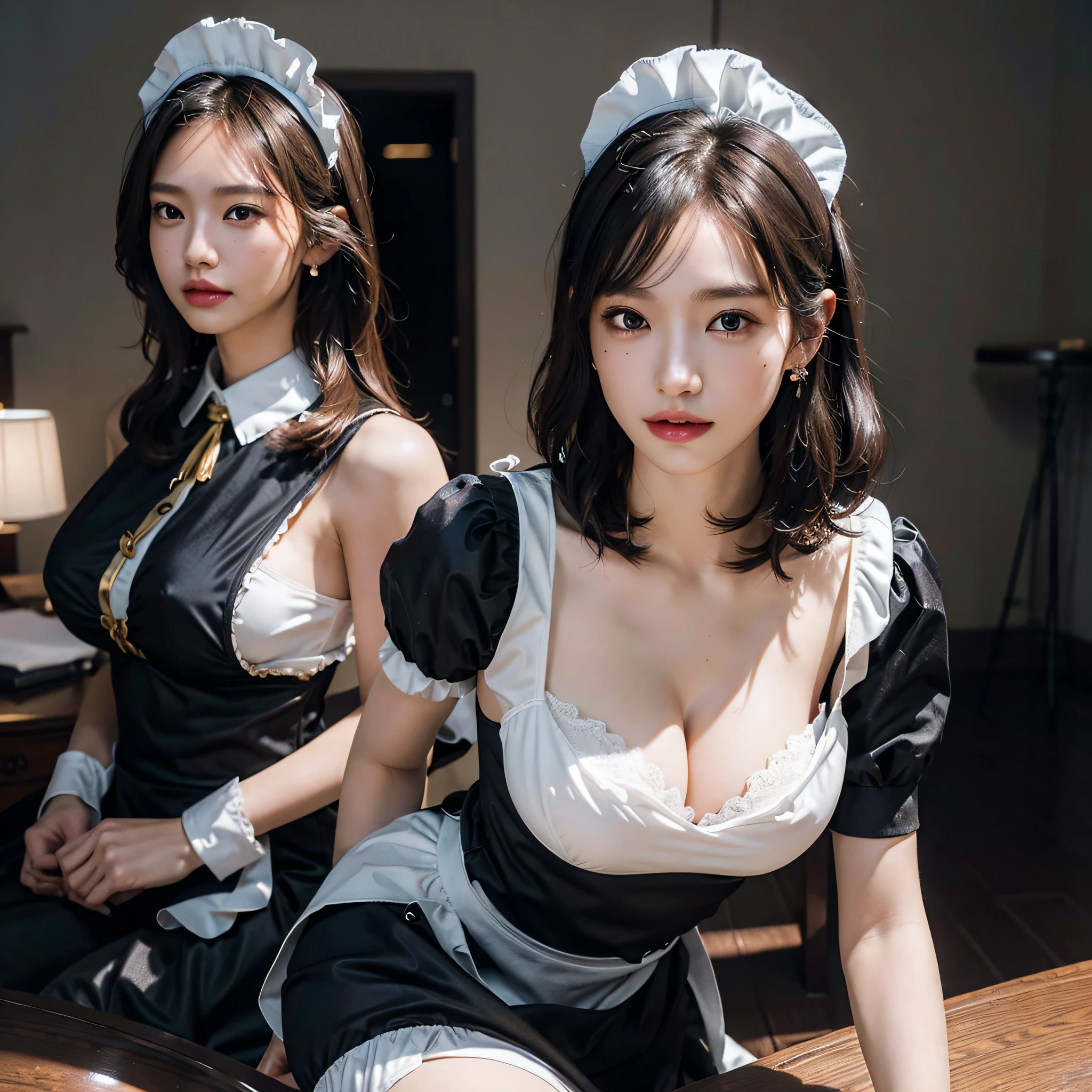 absurdres, RAW photo, extremely delicate and beautiful, masterpiece, Best Quality, ultra high resolution, 16k, hyperrealistic, ultra-detailed, Very detailed CG 8k wallpaper, Beautiful Lighting, Perfect Lightning, Realistic Shadows, perfect anatomy, super Detailed skin, perfect figure, Japanese woman, late 20s, very Slim body, narrow waist, very small head, handsome detailed woman, very detailed eyes and face, realistic face proportions, Stunning detailed eyes, Realistic beautiful face, very small face, Realistic small beautiful eyes, double eyelids, makeup, tearful mole, mole on chest, earring, bare legs, beautiful and very thin legs, beautiful and very thin thighs, (very huge round breasts:1.3), short hair, wavy hair, sweat, full body shot, (3 girls:1.3), tight-fitting, (maid costume:1.3),