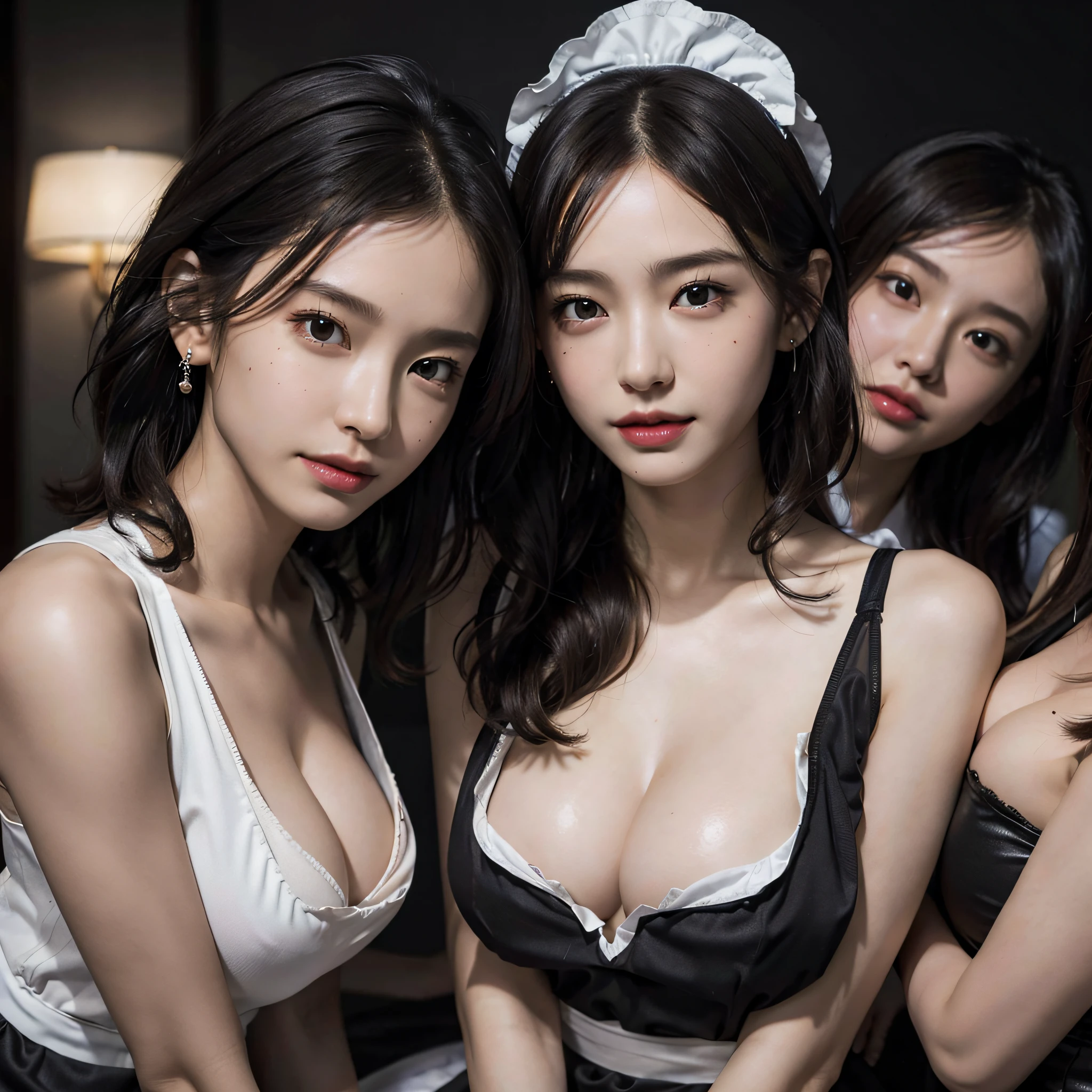 absurdres, RAW photo, extremely delicate and beautiful, masterpiece, Best Quality, ultra high resolution, 16k, hyperrealistic, ultra-detailed, Very detailed CG 8k wallpaper, Beautiful Lighting, Perfect Lightning, Realistic Shadows, perfect anatomy, super Detailed skin, perfect figure, Japanese woman, late 20s, very Slim body, narrow waist, very small head, handsome detailed woman, very detailed eyes and face, realistic face proportions, Stunning detailed eyes, Realistic beautiful face, very small face, Realistic small beautiful eyes, double eyelids, makeup, tearful mole, mole on chest, earring, bare legs, beautiful and very thin legs, beautiful and very thin thighs, (((very huge round breasts))), short hair, wavy hair, sweat, full body shot, (((3 girls))), tight-fitting, (((maid costume))),