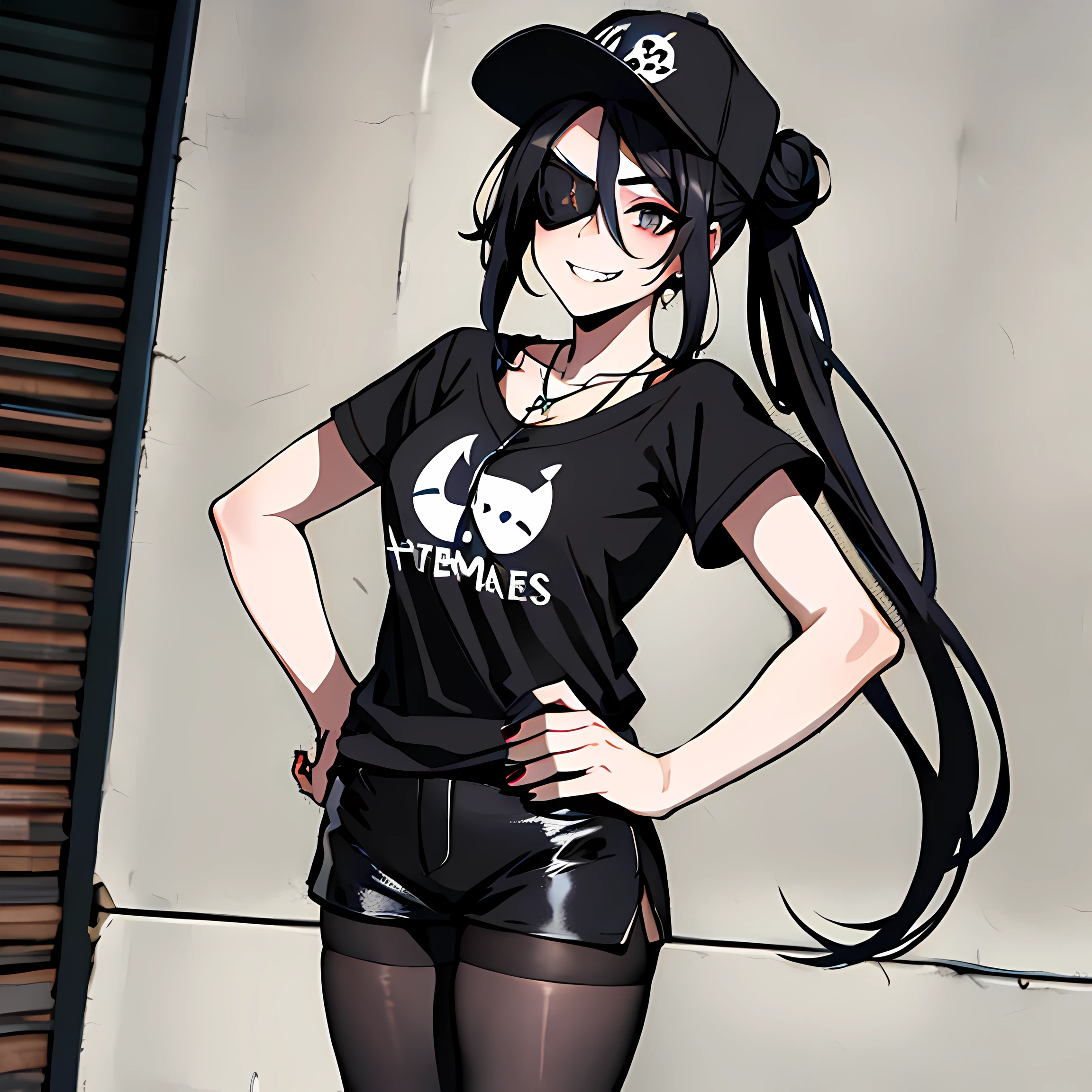 (absurdres, 8k, 4k, masterpiece, hyper extreme detailed:1.2), best quality, expressive eyes, highres, perfect eyes, 1girl, perfect face, perfect hands, Long Hair, Black hair, braided buns, buns in hair, large bust, crazy face, crazy eyes, crazy smile, eyepatch, gothic, cross necklace, black shirt, streetwear, pantyhose, baseball cap, curious, half body, street clothing, graphic t-shirt, standing, leaning against wall, gothic, pale skin, absurdquality, shocked, concerned, confused, head tilt, cowboy_shot, shorts, short shirt, fang tooth, black eyepatch, smile, black pantyhose, wall background, mature, adult, black sleeves, cleavage