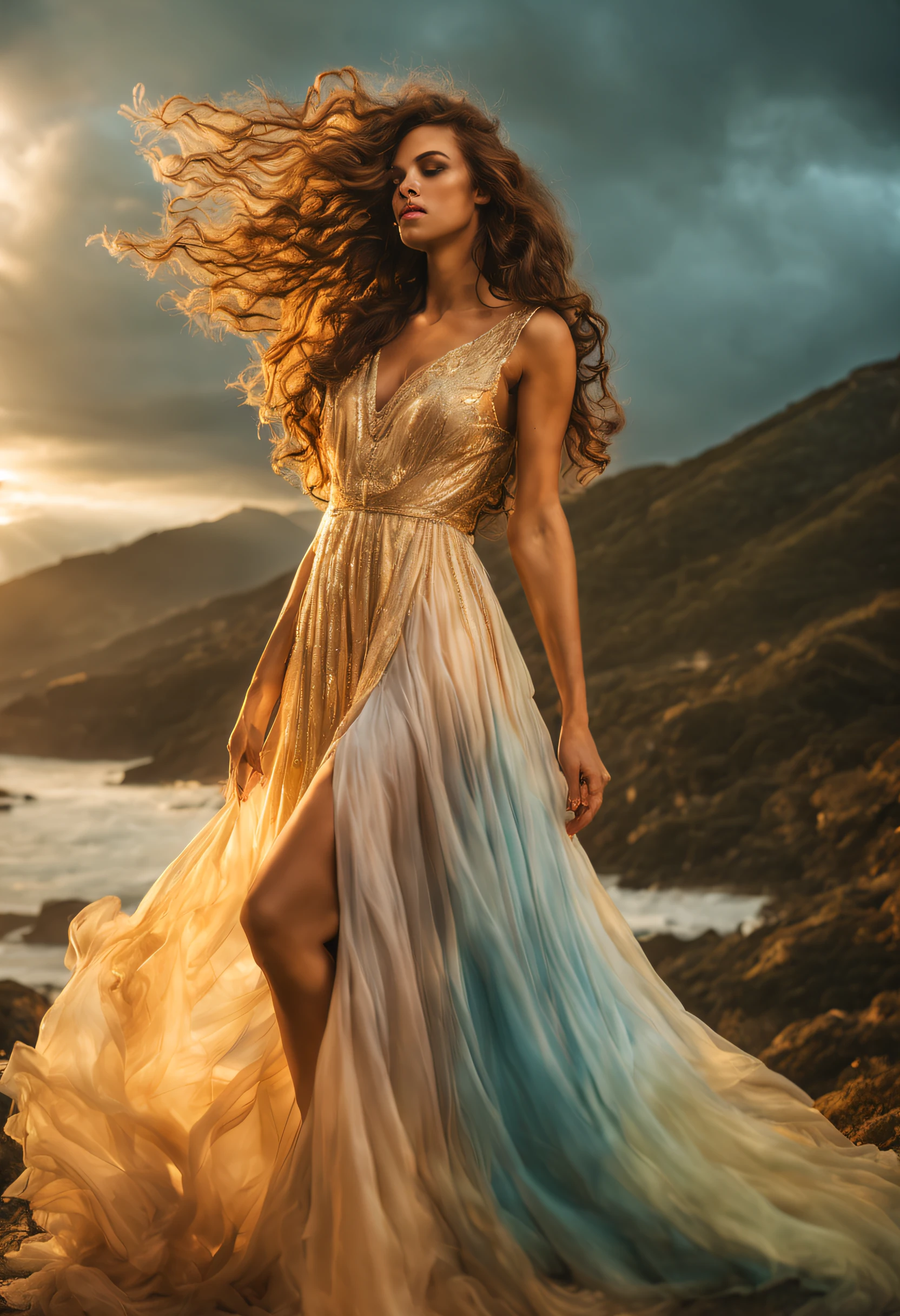 AFrodite, A Deusa do Amor e da Beleza, Fica alto e radiante no Monte Olimpo, The mythical house of the gods. Cercado por nuvens ondulantes, She exudes an irresistible charm, Her long flowing hair cascades in golden waves. The air is filled with a soft, brilho quente, As if touched by the gentle caress of the sun. Vestido de AFrodite, in shades of ethereal pastels, Shimmers with a subtle iridescence, Reflecting His Divine Grace, Fujicolor, F/2.8, 35 mm, canon, raios de deus, 16k, Premiado, best quality, master part