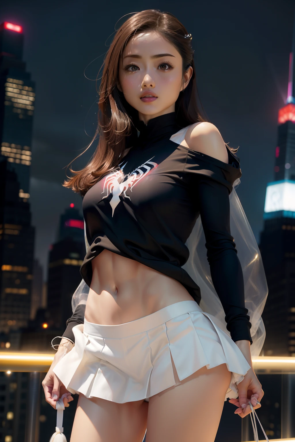 Female Spider Woman,a miniskirt、Spider-colored miniskirt suit,Skytree in the background、Ultra mini skirt、Lifting skirt with both hands to show white panties、White panty、a miniskirt、Beautiful navel、Beautiful Satomi Ishihara、Ultra mini skirt、Beautiful camel toe、beautiful thigh、Beautiful upper arms、Beautiful、Beautiful black spider symbol,Ballet Shoes,Golden ratio body, Flexible body,Calm expression,New York City at night,Handsome gestures,heroism,majestic appearance,Abs