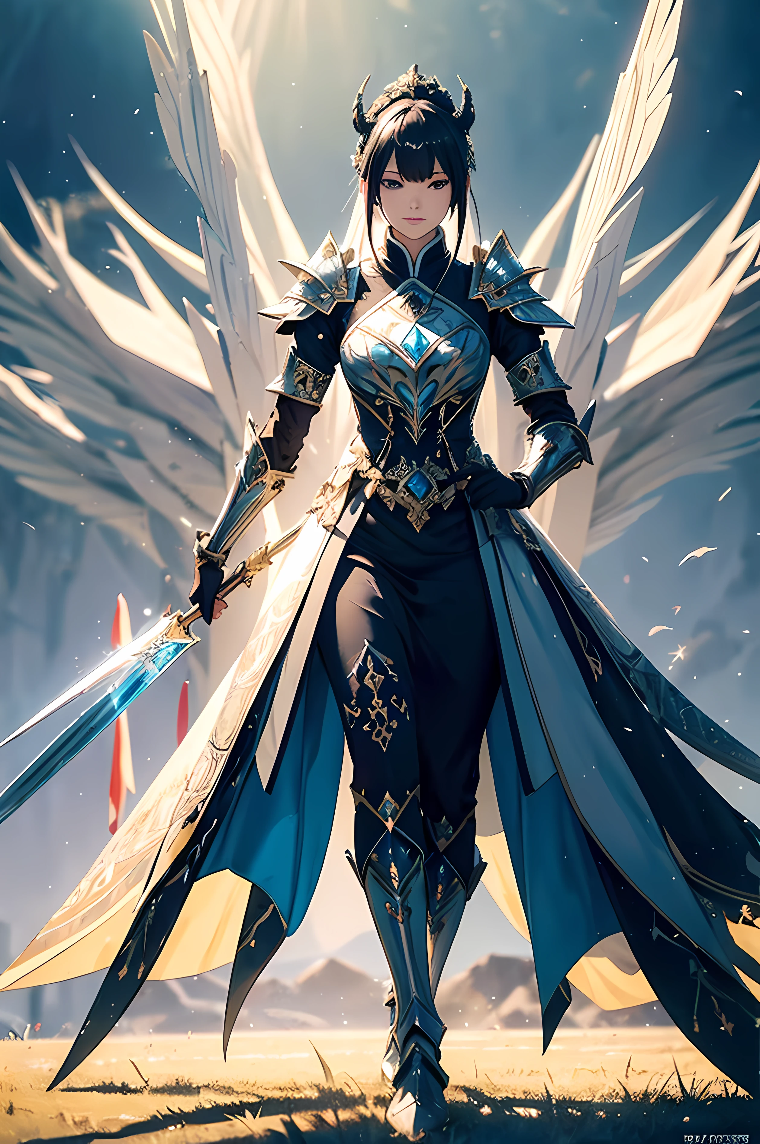 Empress ice, fine armor, intricate design, creative details, silk, cinematic lighting, 4k, floating hair, sharp, prism, shining knight, royal, face mask , full body frame, grassland background, happy, wuxia, bird pose