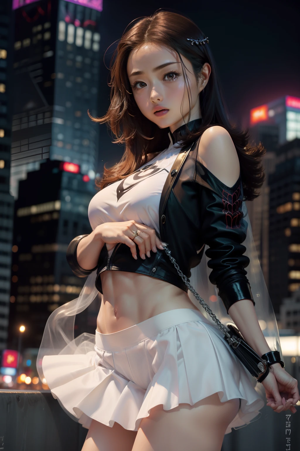 Female Spider Woman,a miniskirt、Spider-colored miniskirt suit,Skytree in the background、Ultra mini skirt、Lifting skirt with both hands to show white panties、White panty、a miniskirt、Beautiful navel、Beautiful Satomi Ishihara、Ultra mini skirt、Beautiful camel toe、beautiful thigh、Beautiful upper arms、Beautiful、Beautiful black spider symbol,Ballet Shoes,Golden ratio body, Flexible body,Calm expression,New York City at night,Handsome gestures,heroism,majestic appearance,Abs